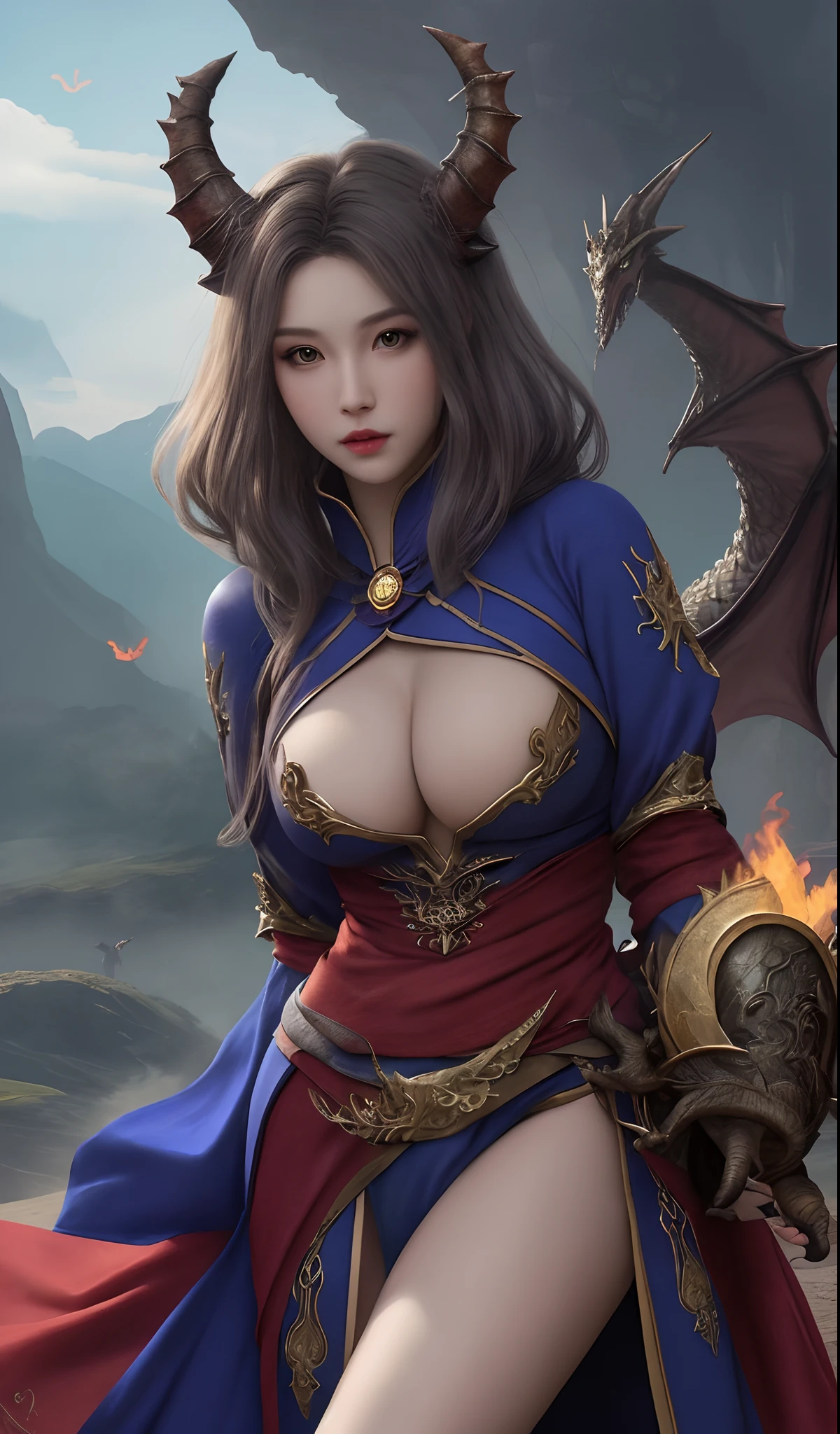 Create me an image with y female characters with pretty faces, a dragon in the background and the characters are mages
