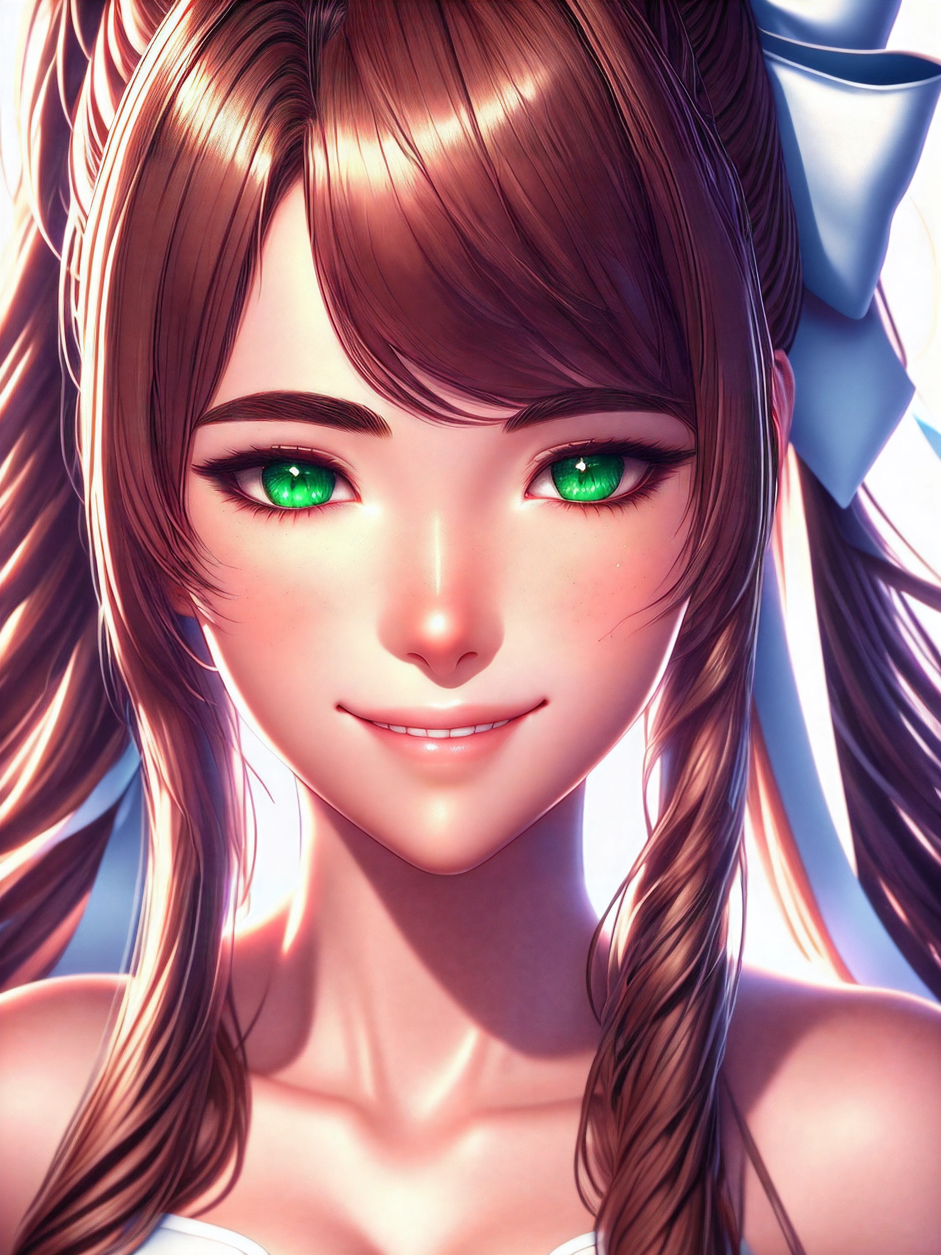 Monika posing for a profile picture. In it, she is happy and determined to show all aspects of her beauty. Monika, long brown hair with slightly wavy ends. A large white ribbon is tied into a bow on the right side of her head. She has side-swept bangs that brush her forehead. Maximum sharpness, UHD, 16K, anime style, best possible quality, ultra detailed, best possible resolution, Unreal Engine 5, perfect, more detail.