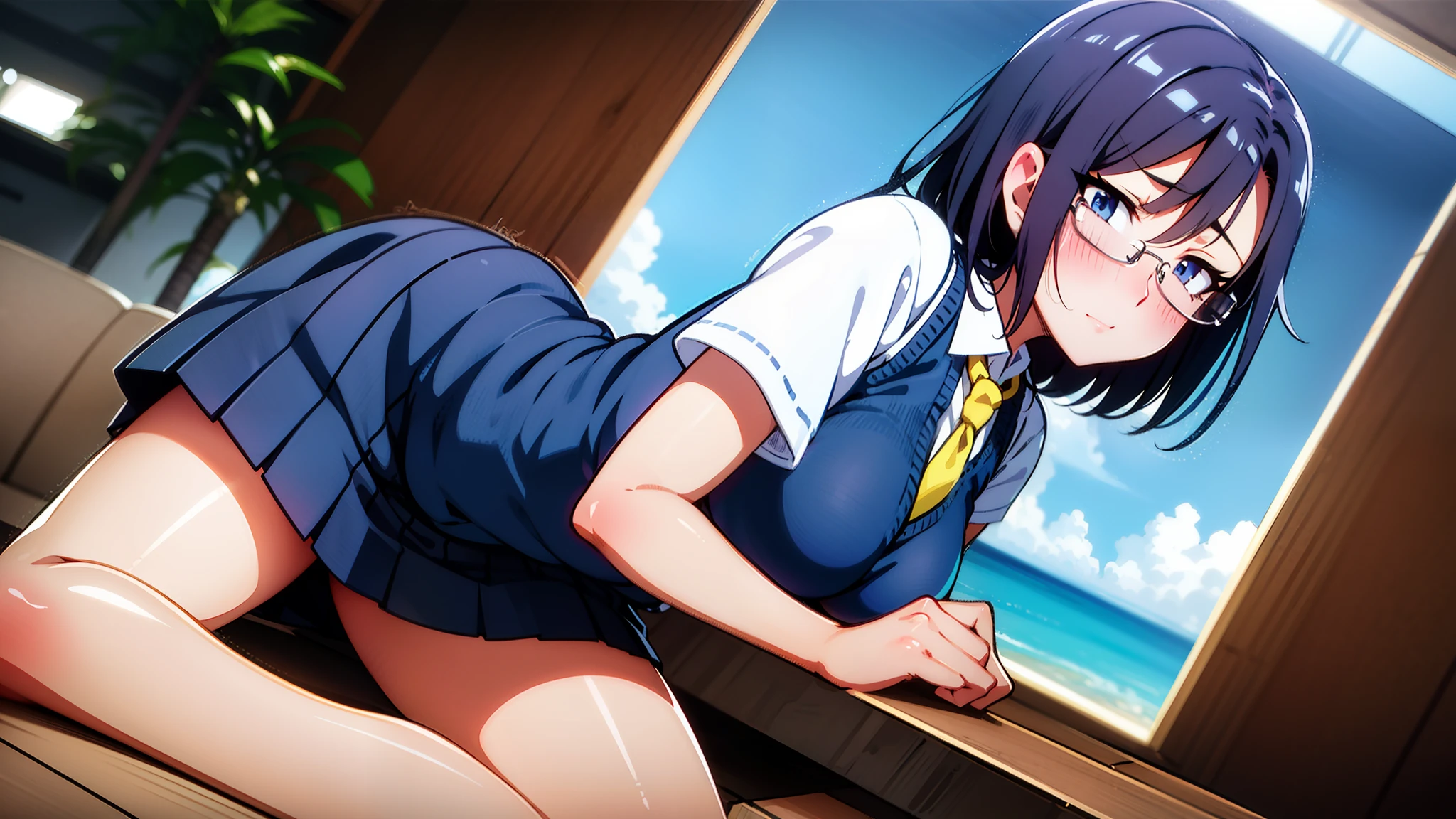masterpiece, best quality, ultra detailed, illustration, dark blue hair, blue eyes, round glasses, dark blue sweater vest, yellow necktie, dress shirt, pleated skirt, short sleeves, blush, embarrassed, dramatic shadows, looking at viewer, cinematic lighting, harbour background, Ferry, coconut tree, curtains,