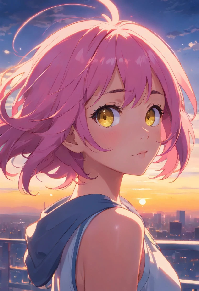 1 female、Pink hair、yellow eyes、Side tail、Dark-skinned Japan person、kawaii