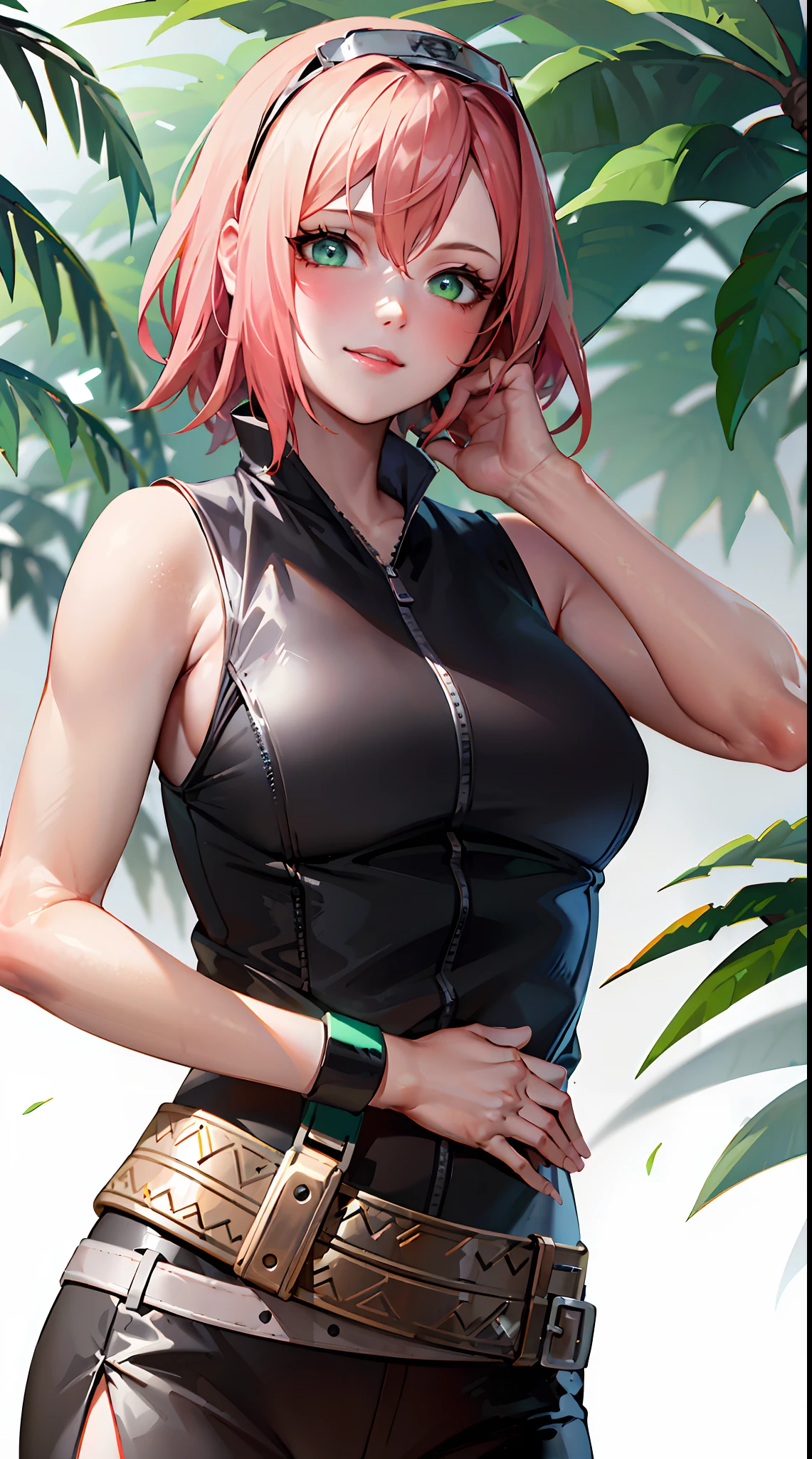 1girl, cowboy shot, beautiful SakuraNS, solo, looking_at_viewer, forehead_protector, hairband, simple_background, smile, white_background, facial_mark, forehead_mark, vest, village, east asian architecture, trees, village hidden in the leaves, volumetric lighting, best quality, masterpiece, intricate details, tonemapping, sharp focus, hyper detailed, trending on Artstation,