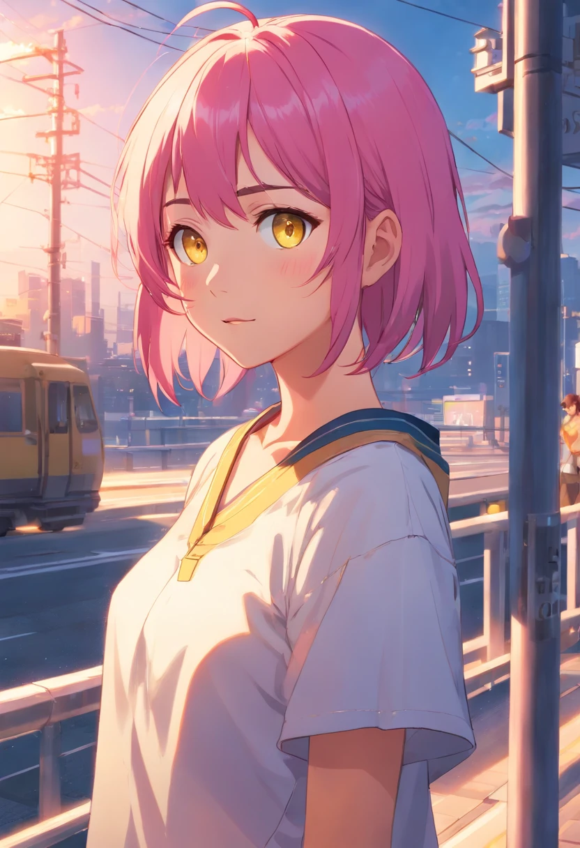 1 female、Pink hair、yellow  eyes、poneyTail、Dark-skinned Japan person、kawaii