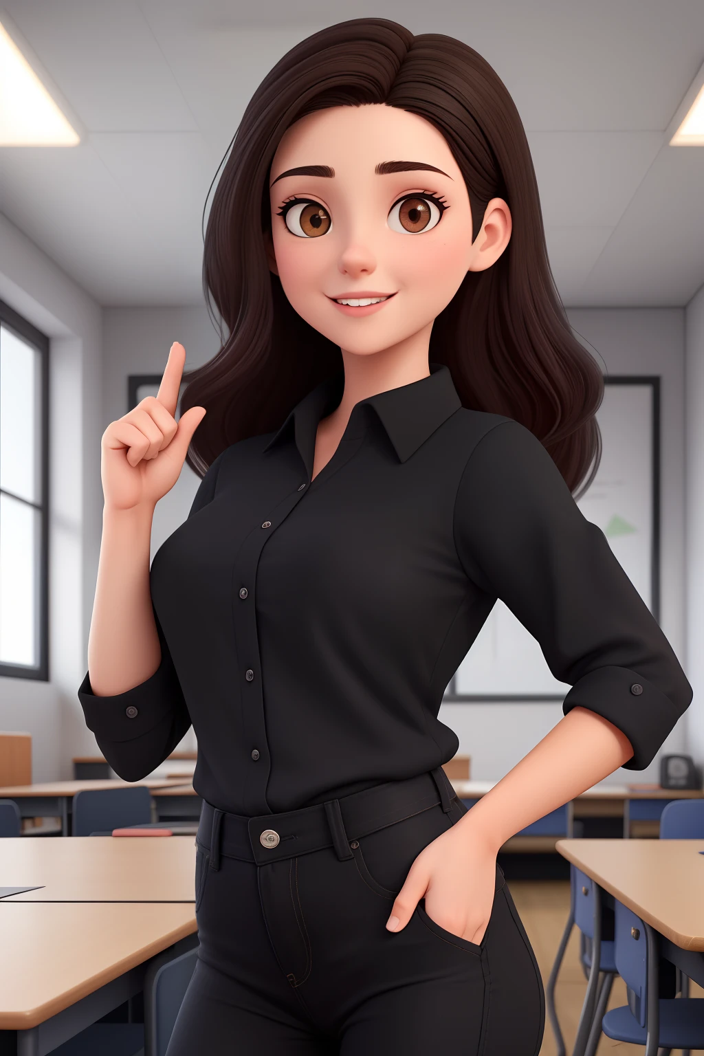 Uma mulher de 18 anos, com longos cabelos castanhos escuros , Rosto redondo, sorriso encantador, e olhos castanhos, In a classroom, studio lighting, sign language interpreter and sign language teacher. She's wearing black clothes, blouse and black jeans