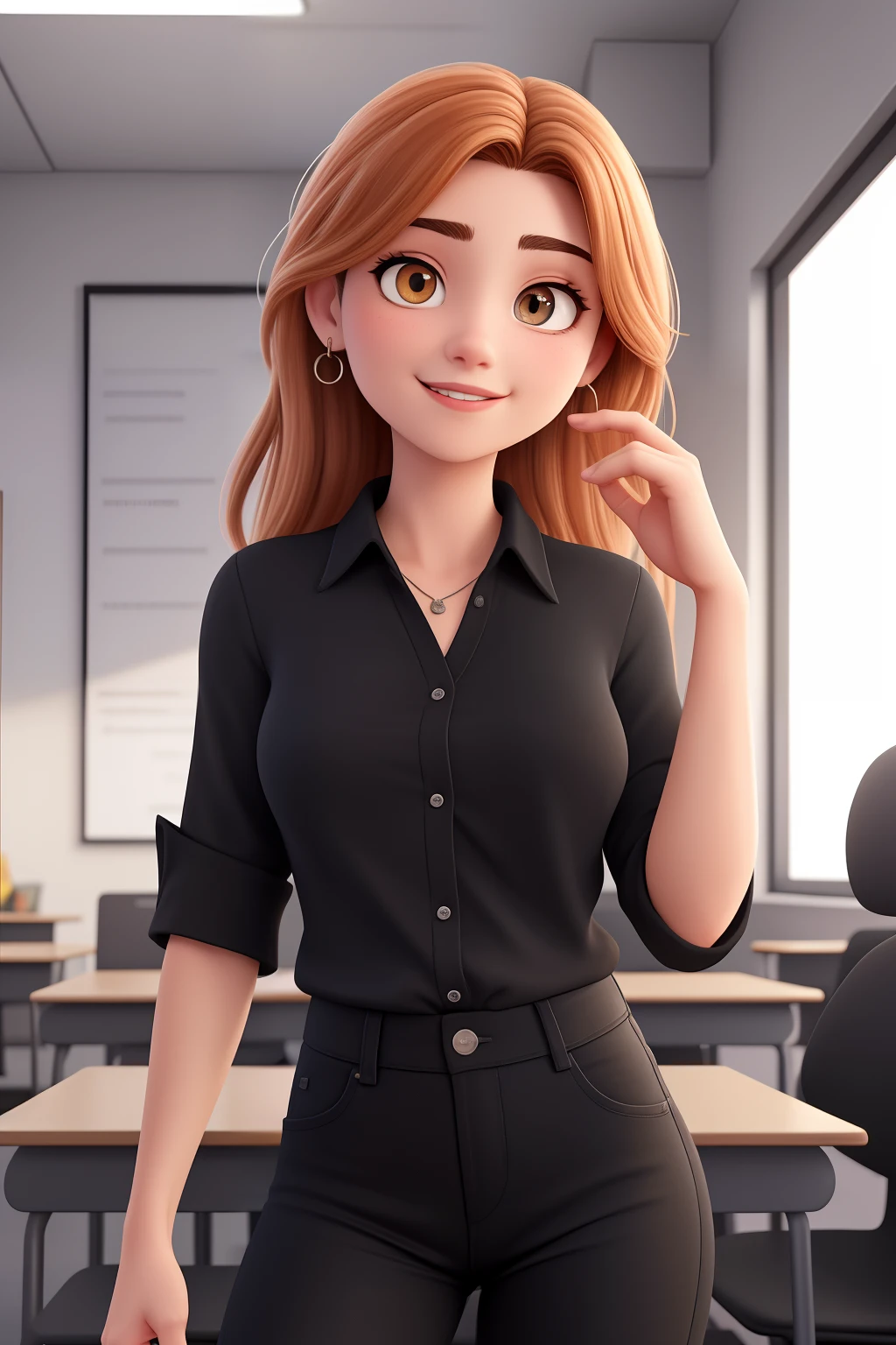 Uma mulher de 18 anos, com longos cabelos castanhos escuros , Rosto redondo, sorriso encantador, e olhos castanhos, In a classroom, studio lighting, sign language interpreter and sign language teacher. She's wearing black clothes, blouse and black jeans
