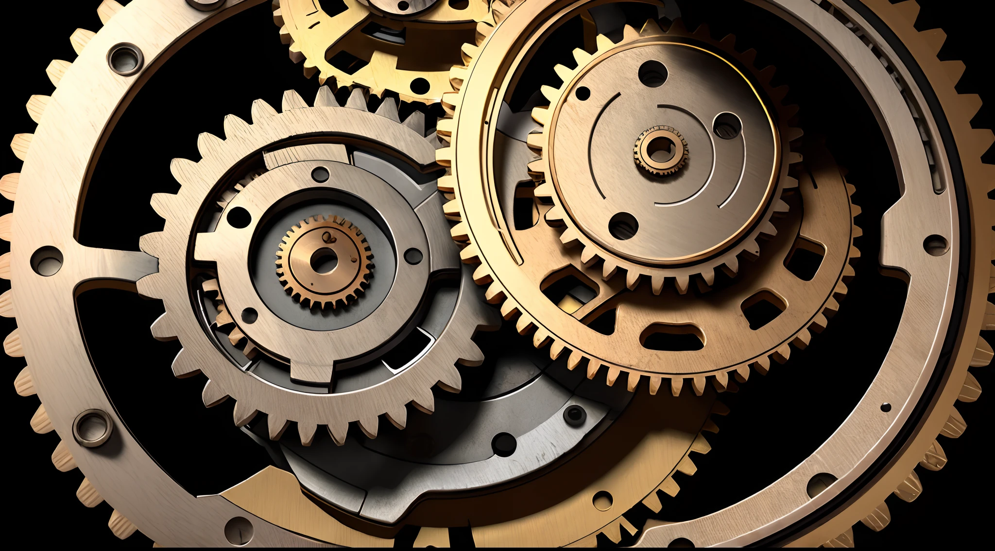 So many beautiful small gears with beautiful bike-chains connecting the gears and gears, close-up shots of the chains, dynamic camera work, inside of a precision machine, beautiful metallic light reflections, growing from inside