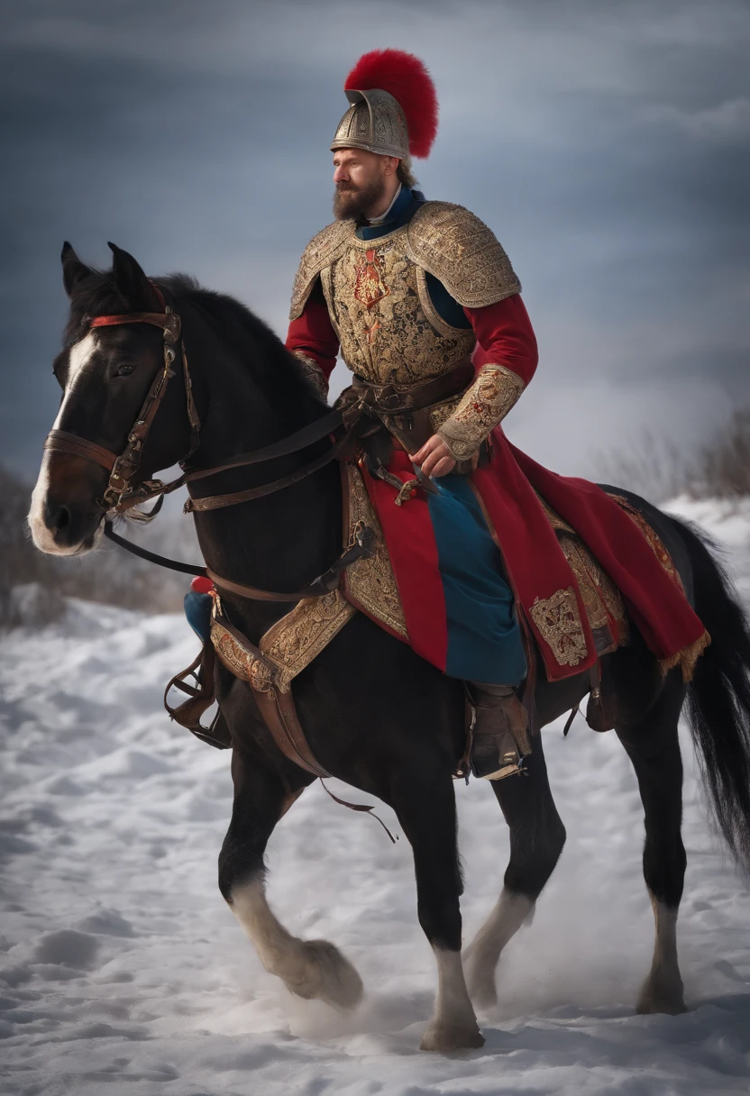 historical Ukrainian Cossack of the 18th century in armor and with a saber, full height