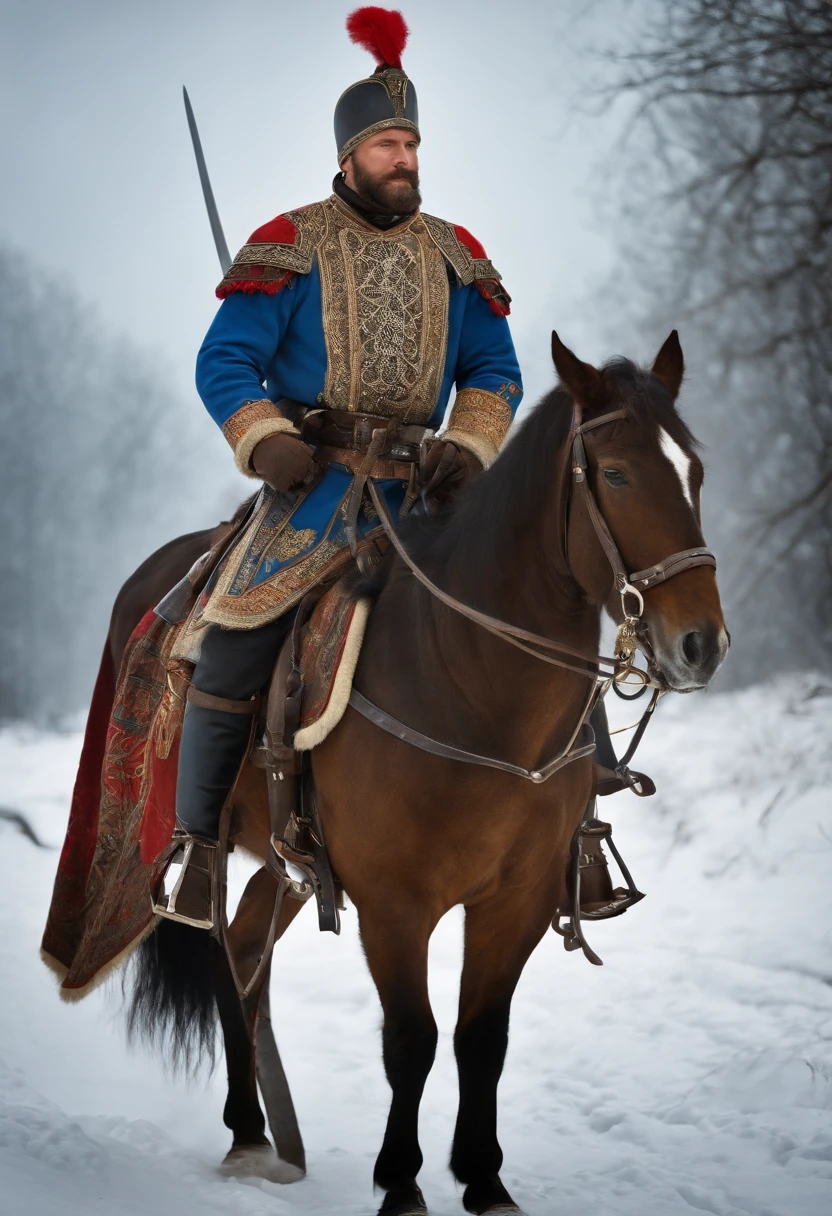 historical Ukrainian Cossack of the 18th century in armor and with a saber, full height