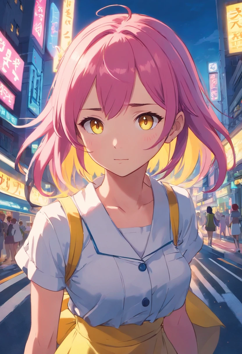 The sweet heroine in the idol drama is gentle and lovely, with long purple hair, personality lips, white tight-fitting short sleeves and light yellow skirt.