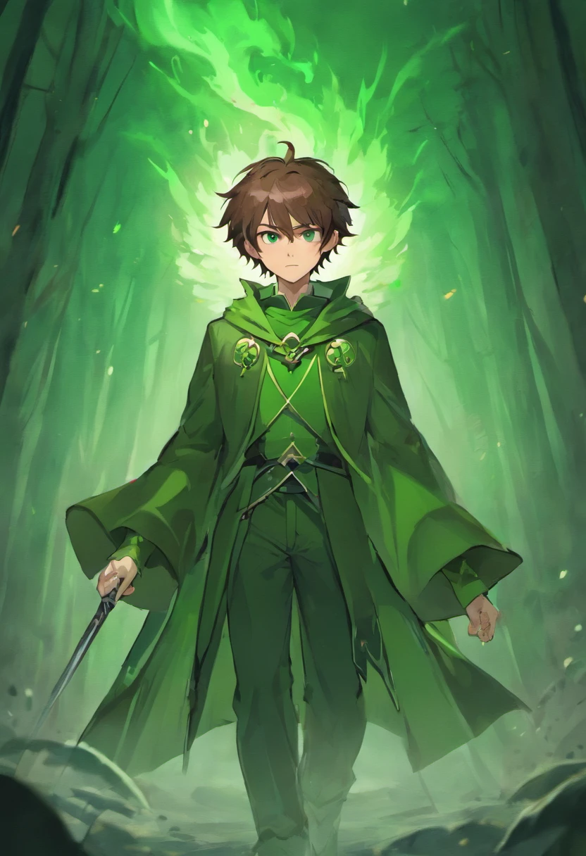 Solo male, tall, handsome, elf, happy, relaxed, vampire, shaggy hair, pointy ears, fangs, brown hair, green cloak, druid, surrounded by smoke, lots of smoke, walking with a thick oak staff