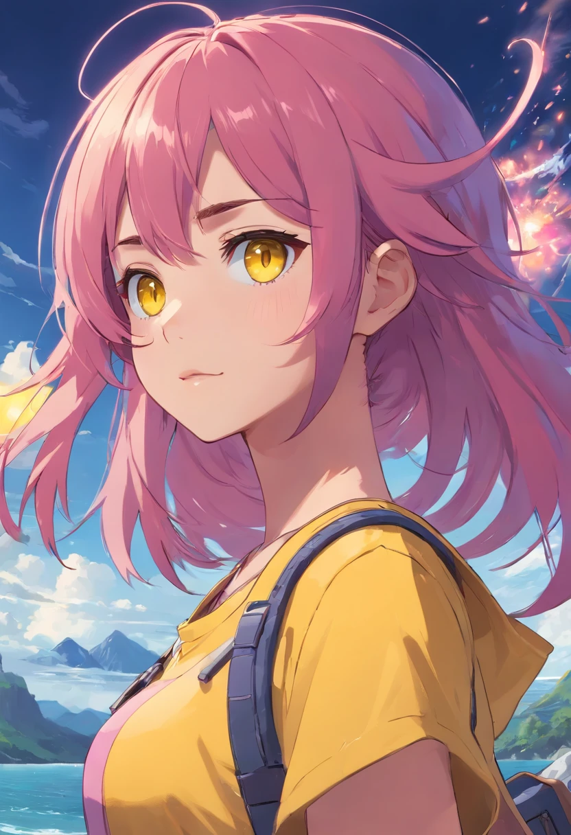 1 female、Pink hair、yellow eyes、Side tail、darkskinned、kawaii、15yo student、Monster Hunter