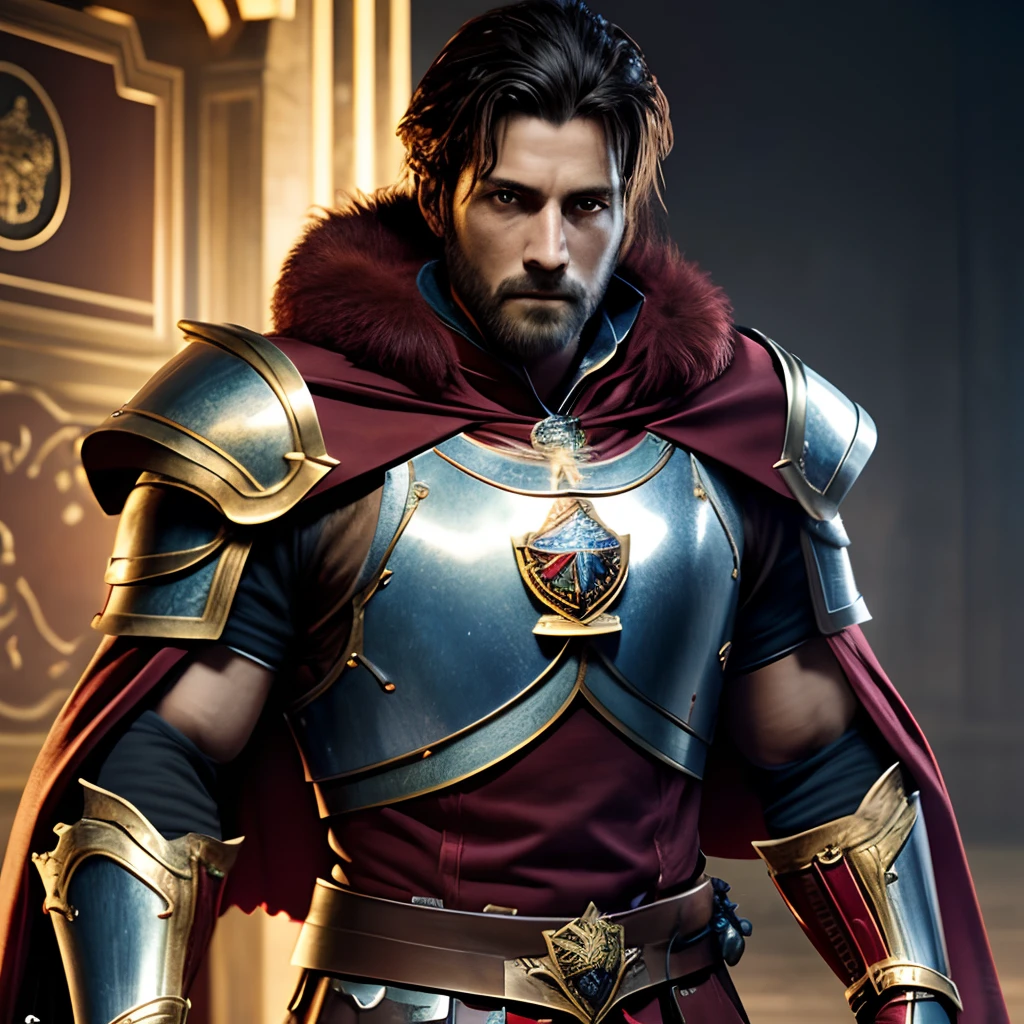 Portrait, Game Character, Male, Perfect Body, Fit, Happy, Dark Brown Hair, Glowing Eyes, Wearing a Red Lion Warrior Armor, Golden Lion Shoulder Armor, Wearing Blue Lion Cape, Knight Castle Theme, 3D, Realistic, HDR, Realistic, HD, Background, RTX, 2K, Masterpiece.
