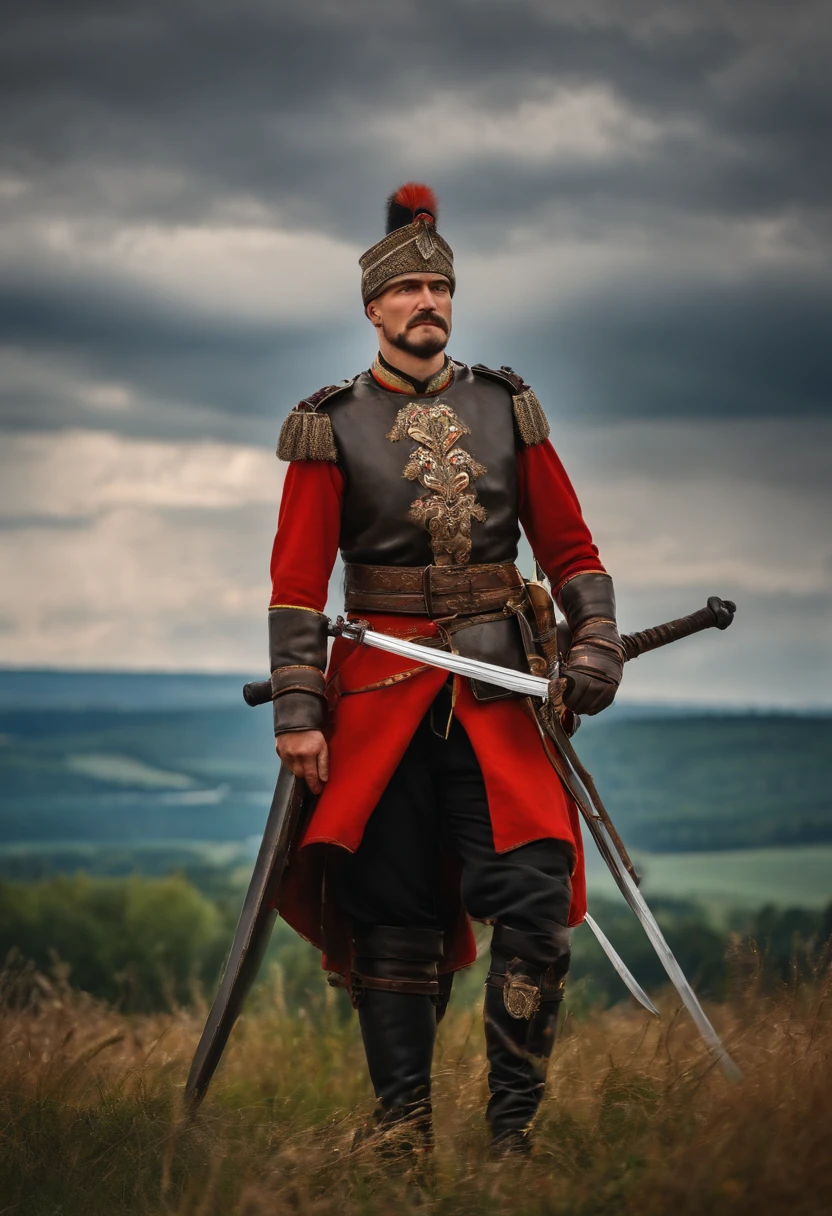 historical Ukrainian Cossack of the 18th century in armor and with a saber, full height. A gorgeous landscape behind