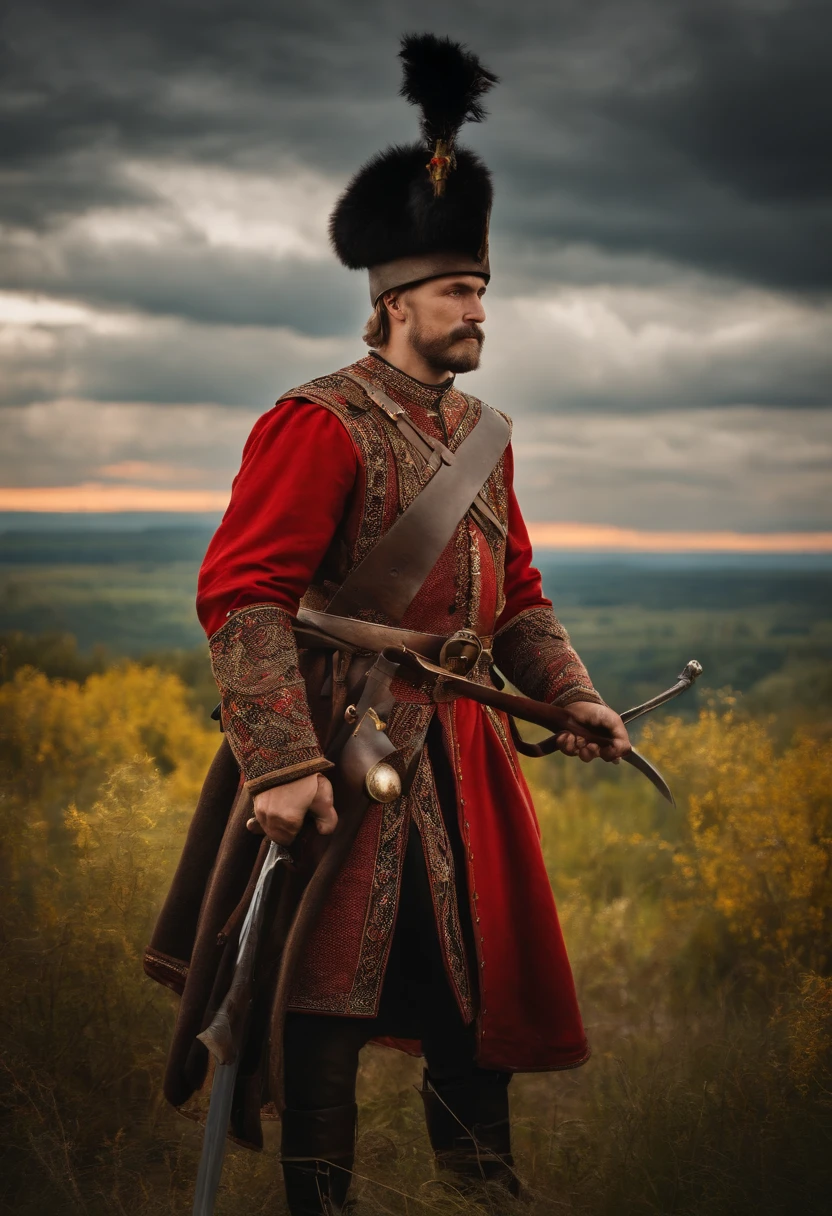historical Ukrainian Cossack of the 18th century in armor and with a saber, full height. A gorgeous landscape behind