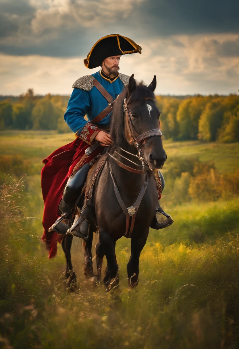 historical Ukrainian Cossack of the 18th century in armor and with a saber, full height. A gorgeous landscape behind