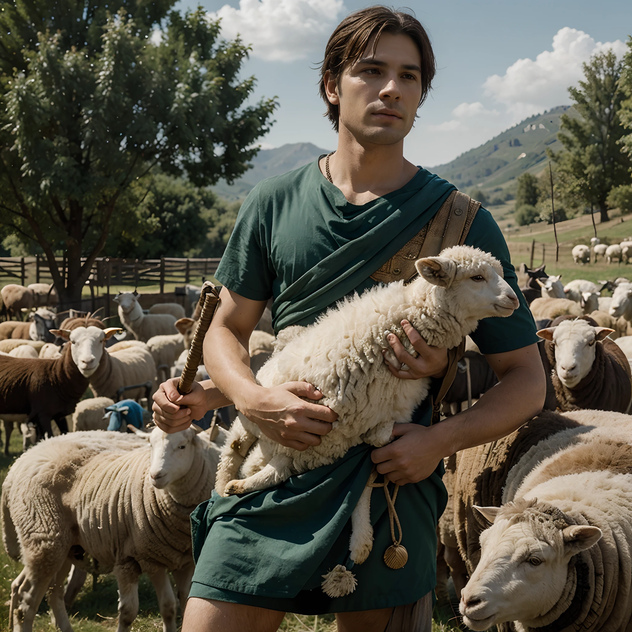 "Generate an image of David from the Bible depicted as a shepherd, holding a sling, with a group of sheep gathered around him in a pastoral setting."