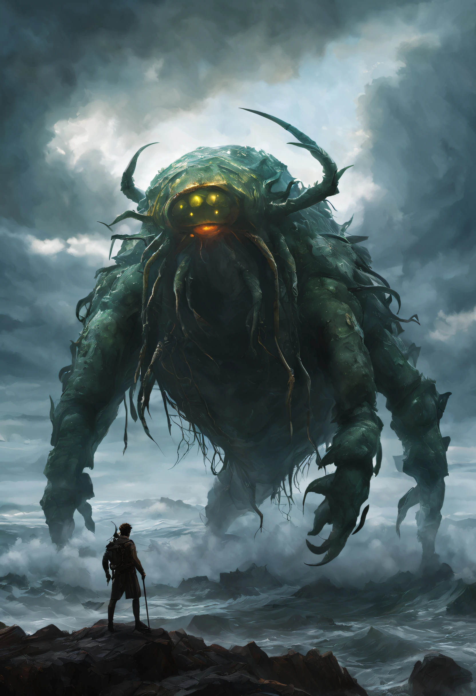 （A giant crab stood in the fog and stared fiercely at a man asking for help），（a creature 5 meters tall:1.0），（Huge green eyes are unusually bright：1.37）（The thick legs of two giants stand on the reef） ，，（The shell of a giant crab is dark green），（goldtrim）, （Dark blue wide oval abdomen）, （Very hard and thick shell texture）， (There are a pair of large protruding compound eyes：0.8），（Unusually long and flexible antennae：1.1），（The length is about 1/3 The width of the crab's body：0.5） ，（There is a small pair of pliers on the top of the head），（Fresh fluff：0.8）， giant ethereal creature,The texture is clear， （The helpless pray for help：1.37），（People who ask for help：1.37），（Dark red glowing sky），
Background with：nebulous sky，（rough sea），（Greatwave），Recife，（salama：1.1）， 真实感，Epic，ultraclear，afterimage, Dutch angle, From below, Sony FE GM, Chiaroscuro, Blurry, hyper HD, Masterpiece, Textured skin, Super detail, High details, High quality, Award-Awarded, Best quality, A high resolution, 8K，Epic，sci-fy，Futuristic fantasy，cotw，punk，