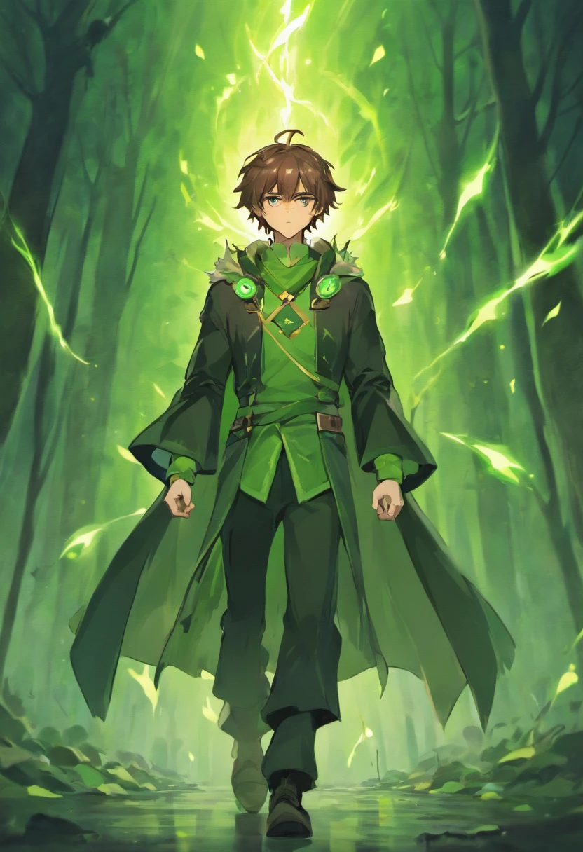 Solo male, tall, late 20's, handsome, elf, happy, relaxed, vampire, shaggy hair, pointy ears, fangs, brown hair, green cloak, druid, surrounded by smoke, lots of smoke, walking with a thick oak staff