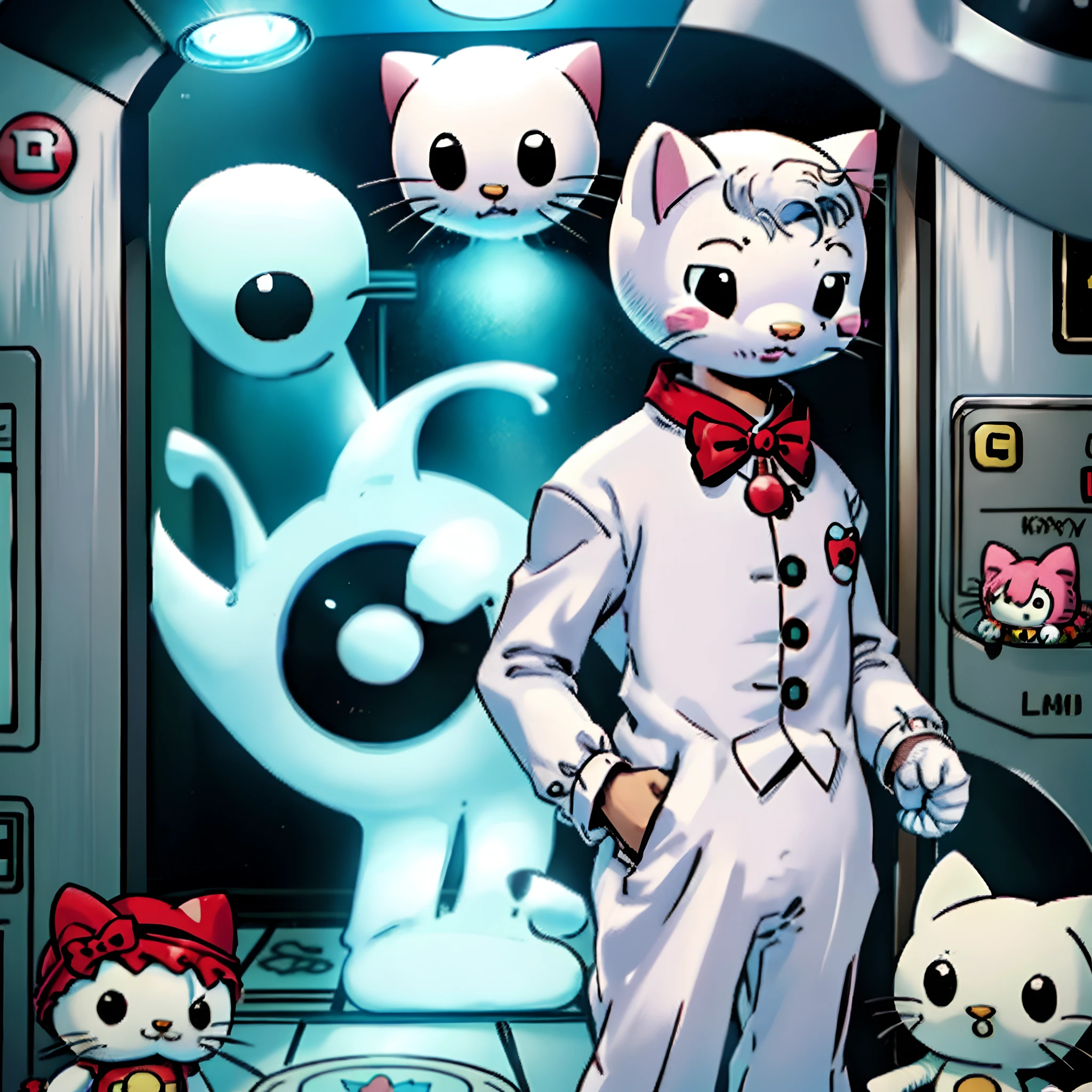 Simon “Ghost” Riley in an elevator looking into a fisheye lens while holding a hello kitty plushie