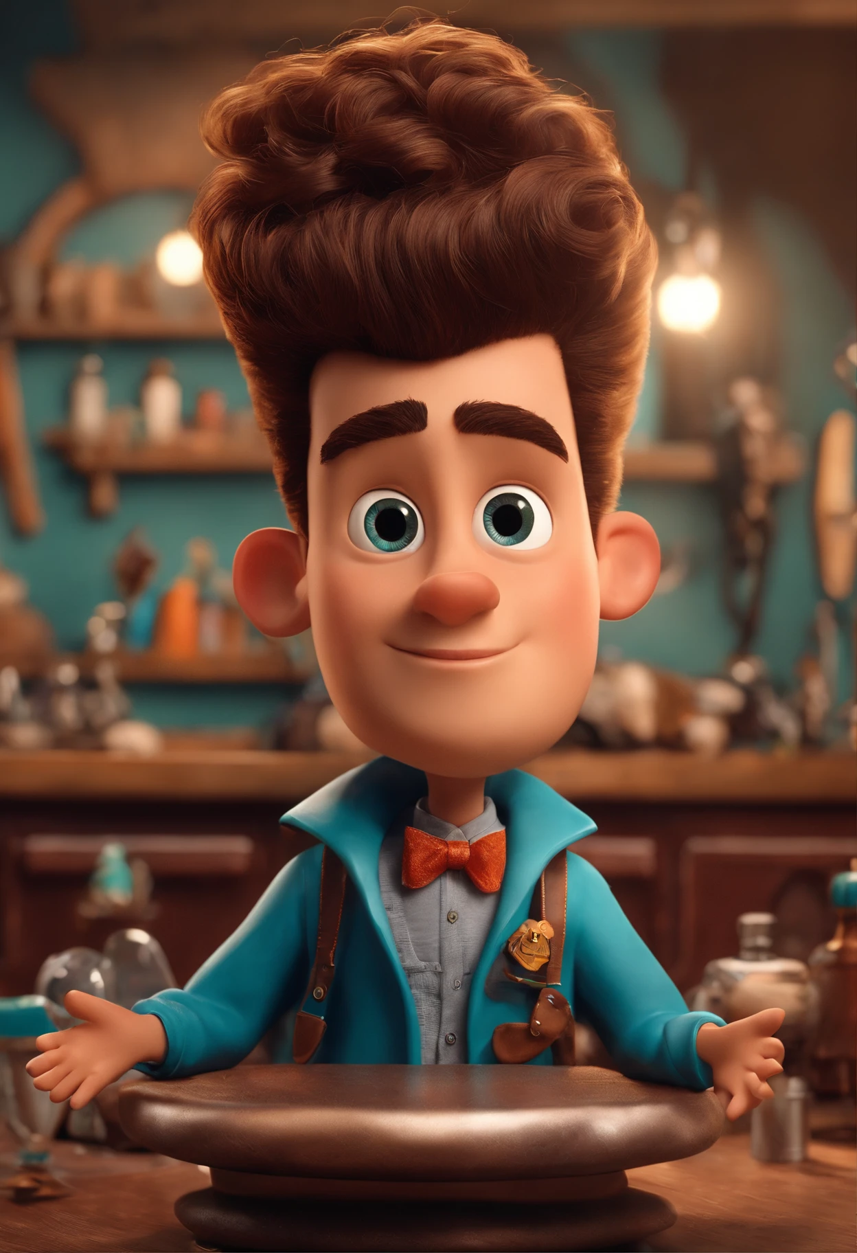 A Dream Barber Inspired by Pixar Animation, de perto. The character takes center stage with captivating facial expressions, oferecendo um toque de irrealidade, Cabelo curto e gordinho gradiente