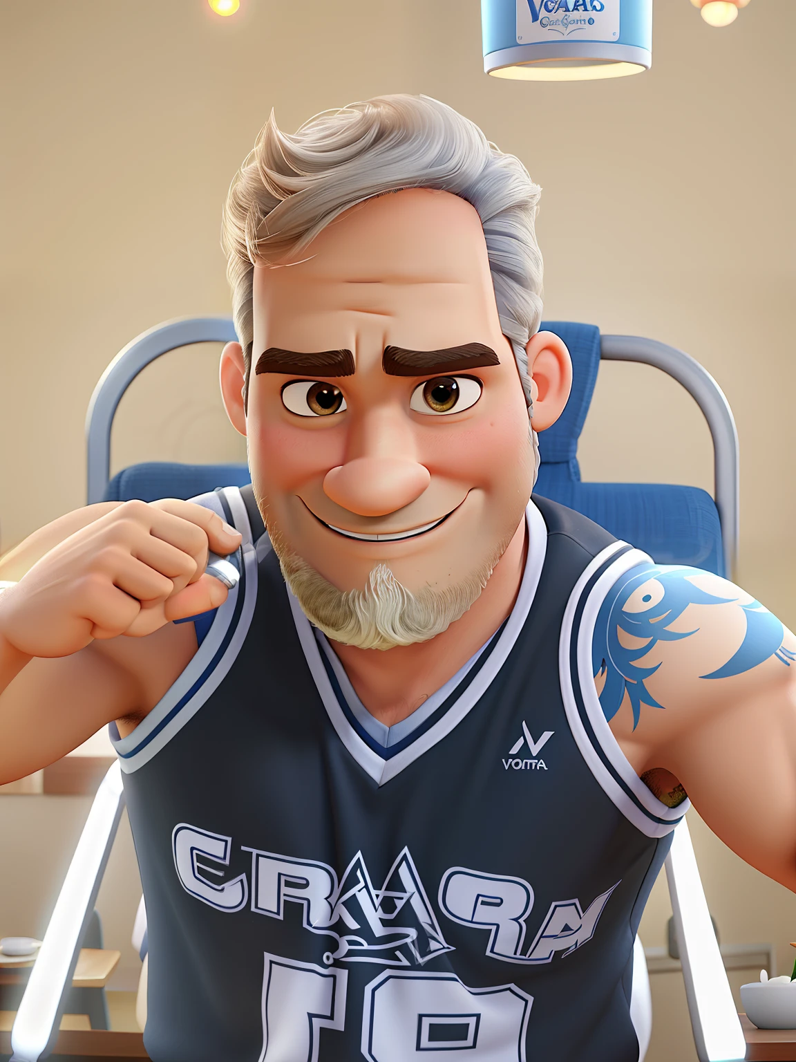 Poster no estilo Disney pixar, alta qualidade, melhor qualidade, homem sexy branco, 30 anos cabelo grisalho barba preta, musculoso, com fundo em um restaurante a luz de velas