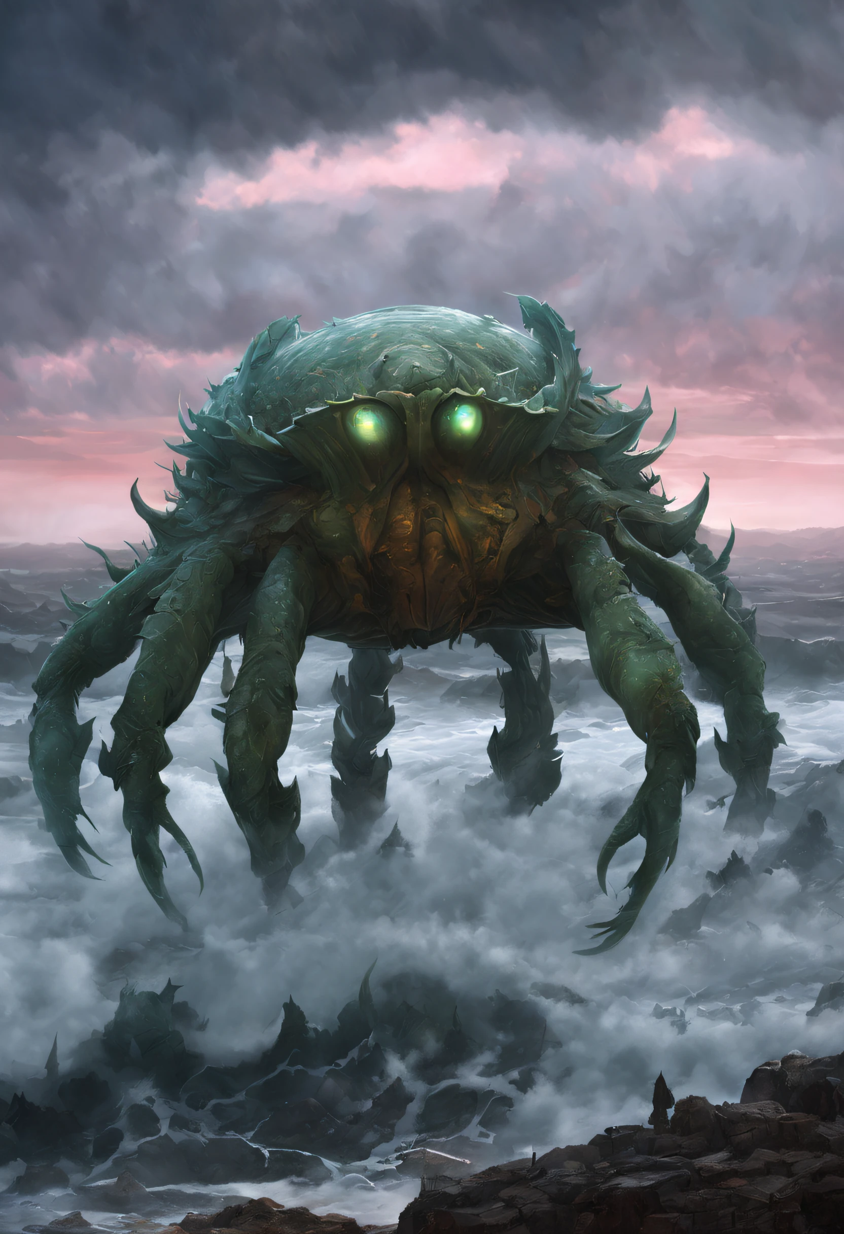 （A giant crab stood in the fog and stared fiercely at a man asking for help），（a creature 5 meters tall:1.0），（Huge green eyes are unusually bright：1.37）（The thick legs of two giants stand on the reef） ，，（The shell of a giant crab is dark green），（goldtrim）, （Dark blue wide oval abdomen）, （Very hard and thick shell texture）， (There are a pair of large protruding compound eyes：0.8），（Unusually long and flexible antennae：1.1），（The length is about 1/3 The width of the crab's body：0.5） ，（There is a small pair of pliers on the top of the head），（Fresh fluff：0.8）， giant ethereal creature,The texture is clear， （The helpless pray for help：1.37），（People who ask for help：1.37），（Dark red glowing sky），
Background with：nebulous sky，（rough sea），（Greatwave），Recife，（salama：1.1）， 真实感，Epic，ultraclear，afterimage, Dutch angle, From below, Sony FE GM, Chiaroscuro, Blurry, hyper HD, Masterpiece, Textured skin, Super detail, High details, High quality, Award-Awarded, Best quality, A high resolution, 8K，Epic，sci-fy，Futuristic fantasy，cotw，punk，