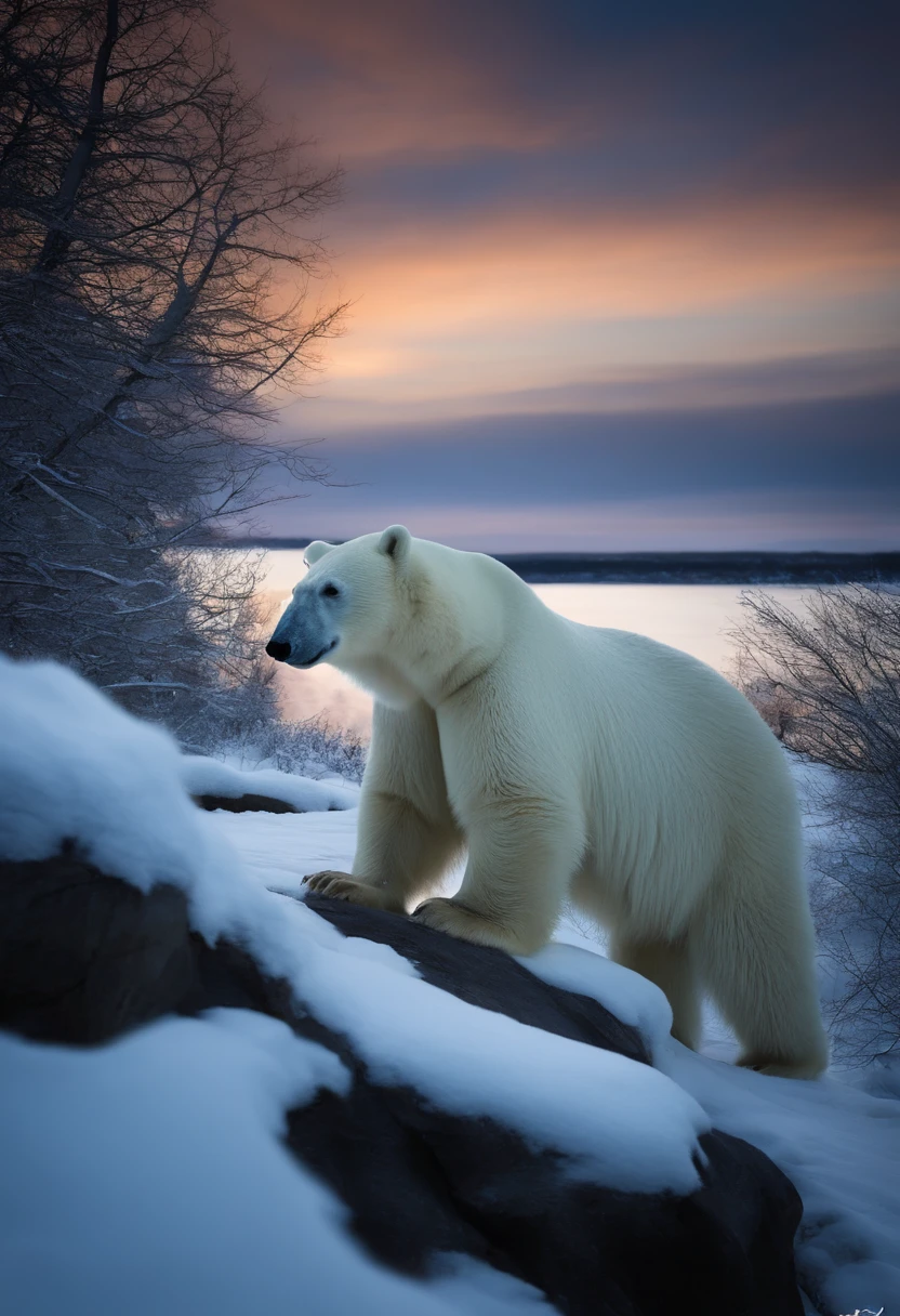 polar bear,winter,the night,Big fluffy tail