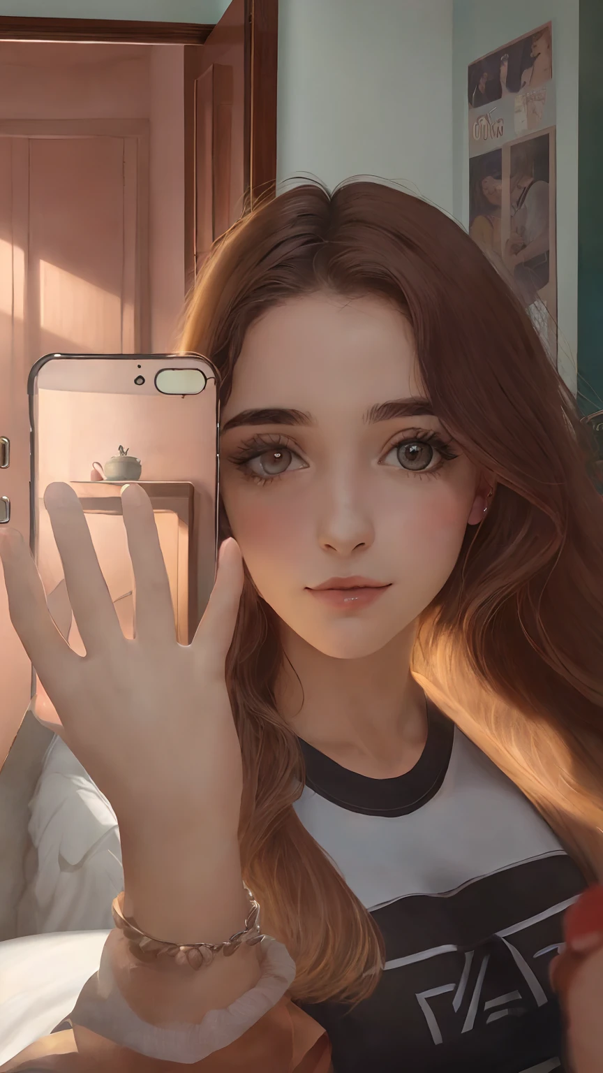 "A young woman in her early twenties holding an iPhone in front of her face, covering her mouth. She has long, wavy brown hair and expressive brown eyes that are the focal point of the image. The girl is taking a selfie, with the iPhone slightly angled to cover the lower part of her face, leaving only her eyes and nose visible. She is indoors, in a modern, well-lit room with a cozy atmosphere, featuring subtle decor like plants and artwork in the background. She is dressed casually in a simple t-shirt and accessorized with a delicate necklace. The overall vibe is playful and mysterious, as her covered mouth adds an element of intrigue to the selfie."