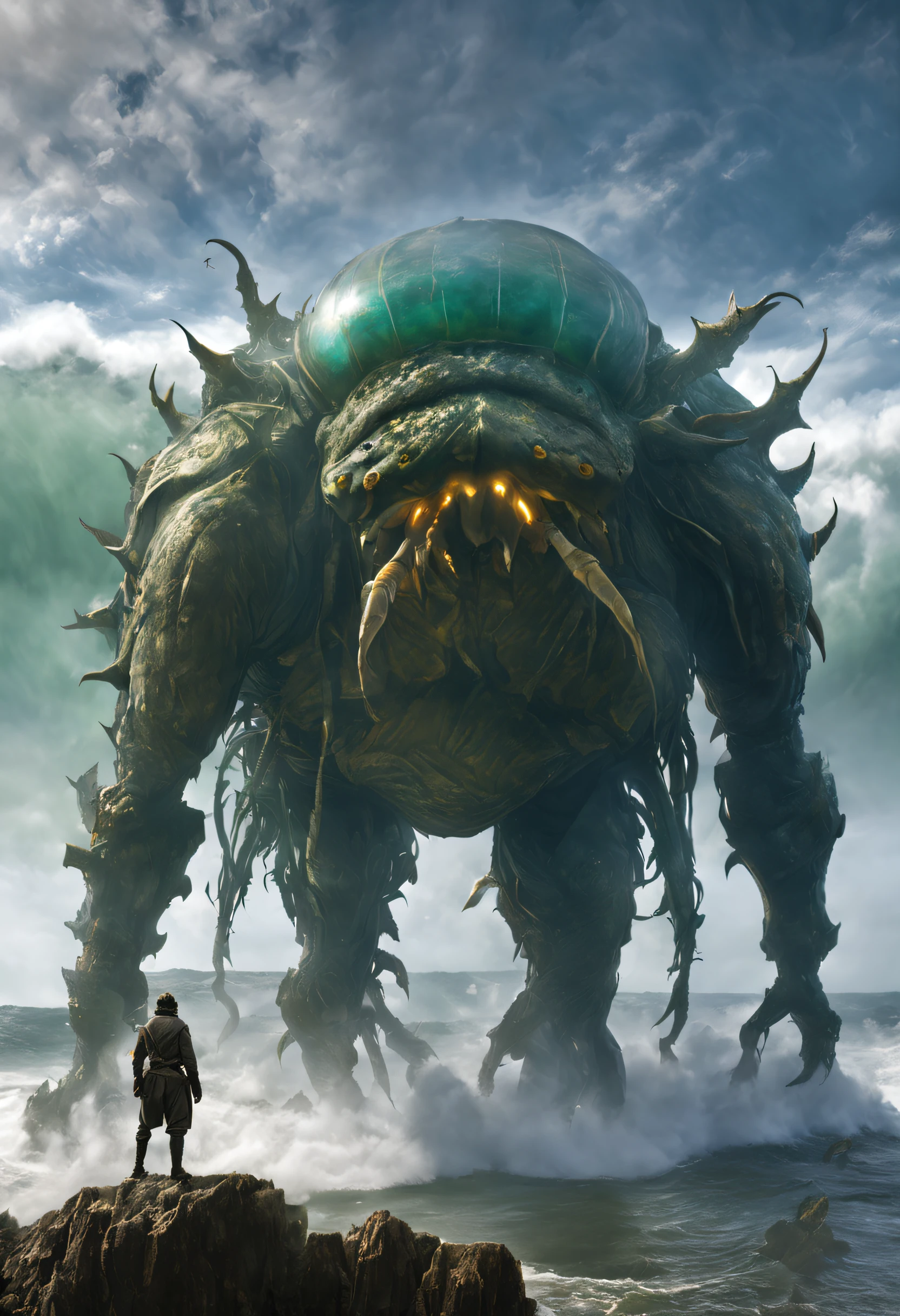 (A giant crab stood in the fog staring fiercely at a man asking for help),(a creature 5 meters tall:1.0),(Huge green eyes are unusually bright:1.37)(The thick legs of two giants stand on the reef) ,,(The shell of the giant crab is dark green),(goldtrim), (Dark blue wide oval abdomen), (Very hard and thick shell texture), (There are a pair of large protruding compound eyes:0.8),(Unusually long and flexible antennae:1.1),(The length is about 1/3 The width of the crab's body:0.5) ,(There is a small pair of pliers on the top of the head),(Fresh fluff:0.8), giant ethereal creature,The texture is clear, (The helpless pray for help:1.37),(People who ask for help:1.37),Background to Cancer Salvation Prayer:nebulous sky,(rough sea),(Greatwave),Recife,(salama:1.1), 真实感,Epic,ultraclear,afterimage, Dutch angle, From below, Sony FE GM, Chiaroscuro, Blurry, hyper HD, Masterpiece, Textured skin, Super detail, High details, High quality, Award-Awarded, Best quality, A high resolution, 8K,Epic,sci-fy,Futuristic fantasy,cotw,punk,