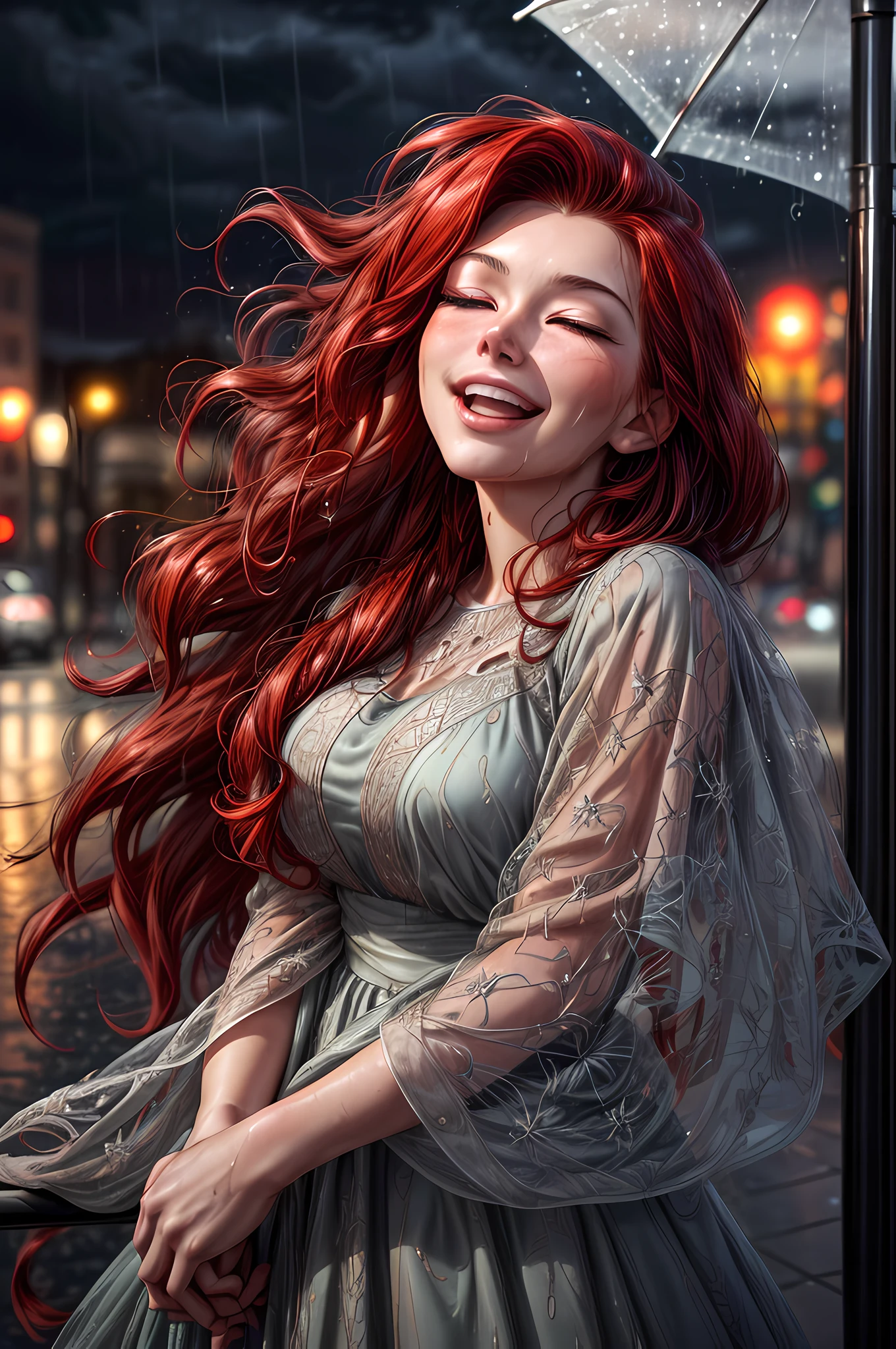 a close up picture of a woman's face looking towards the sky, as she looks up the rain drops fall on her face, a very beautiful woman, long hair, red hair, wavy hair, wet hair, closed eyes, she wears an elegant, intricate dress, there is a sense of joy on her face, an urban street at night. cloudy night,