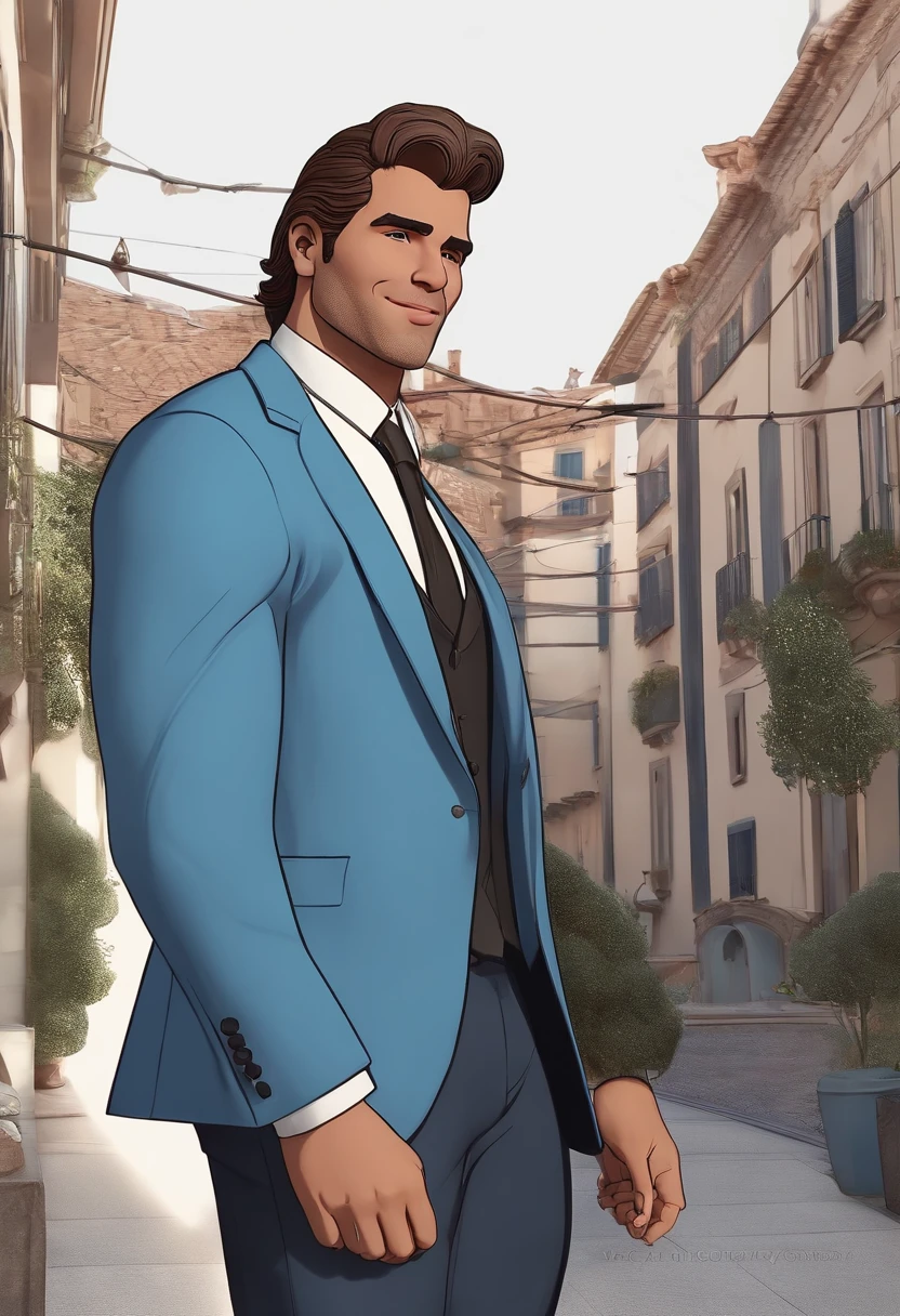 Personagem de desenho animado de um homem, rosto um pouco comprido com barba grande preto e cabelos lisos preto, usando uma camisa azul com blazer cor vinho um personagem animado, Caractere estilizado, animation style rendering, 3D estilizado, Arnold Maya render, 3 d render stylized, toon render keyshot, Personagem 3D, Personagem 3D, 3d rendering stylized, 3 d character render, personagem de desenho animado, Personagem de close up, Pose de personagem, (Estilo Pixar) (master part:1.2) (Bokeh) (best quality) (pele detalhada) (textura detalhada) (8k) (argila) (Cinematic lighting) (foco nítido，Senta e vaza a parte superior do corpo