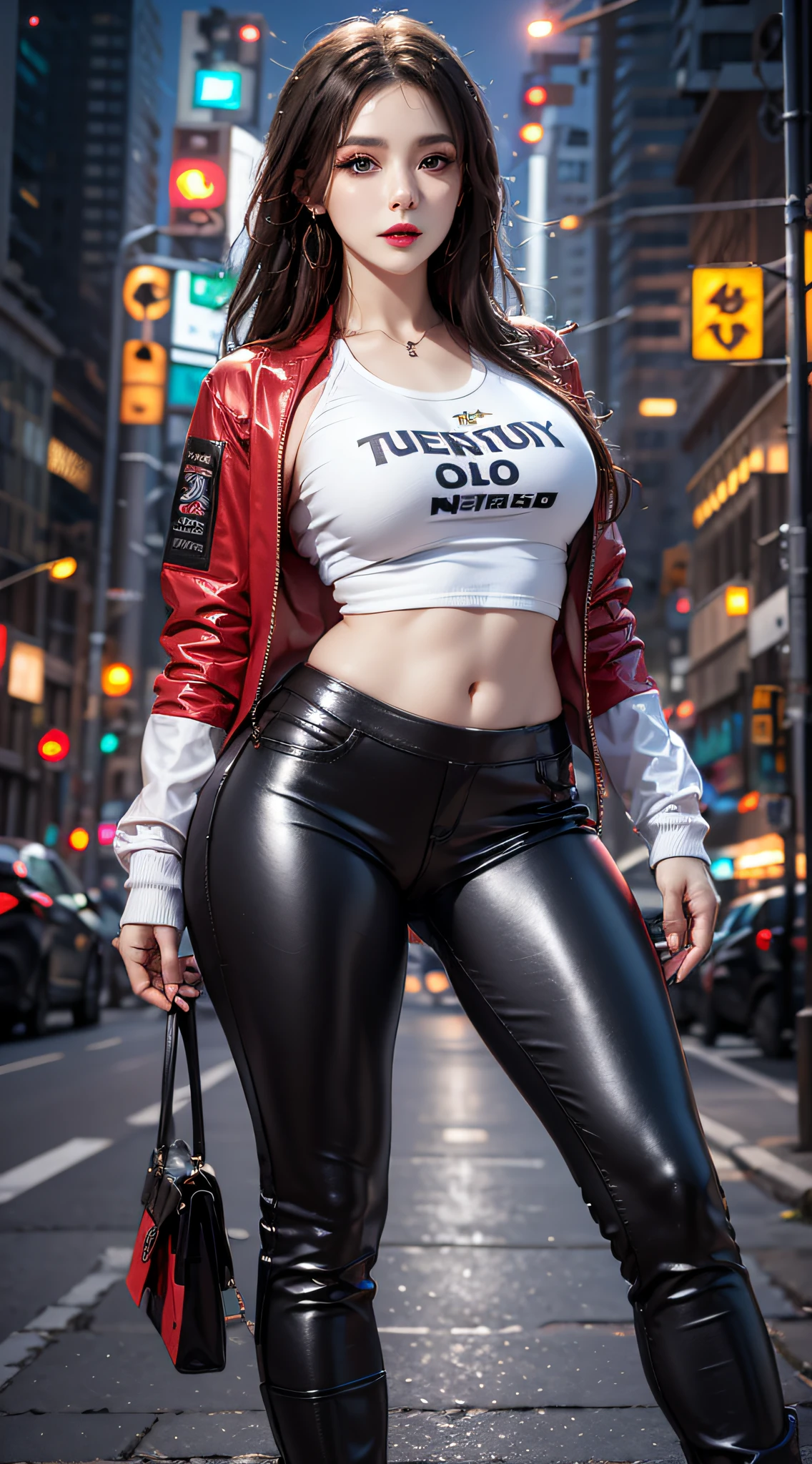 Photorealistic, high resolution, 1womanl, Mature female, Solo, Blue eyes, Hips up, ((Makeup)),Red lips, Jacket, T-shirt, Pants, Boots, Cyberpunk Style, Night City, Neon lights