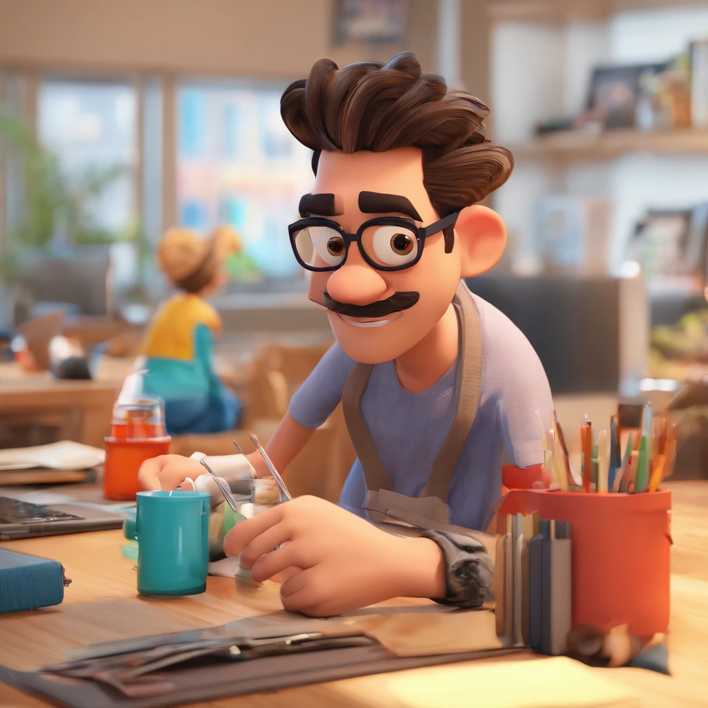 Criar um personagem no estilo Pixar. Trata-se de um homem de 30 anos, com barba, Branco, com cabelos castanhos curtos e um quiff, e olhos castanhos. Ele deve estar na frente de um computador, Trabalhar como designer
