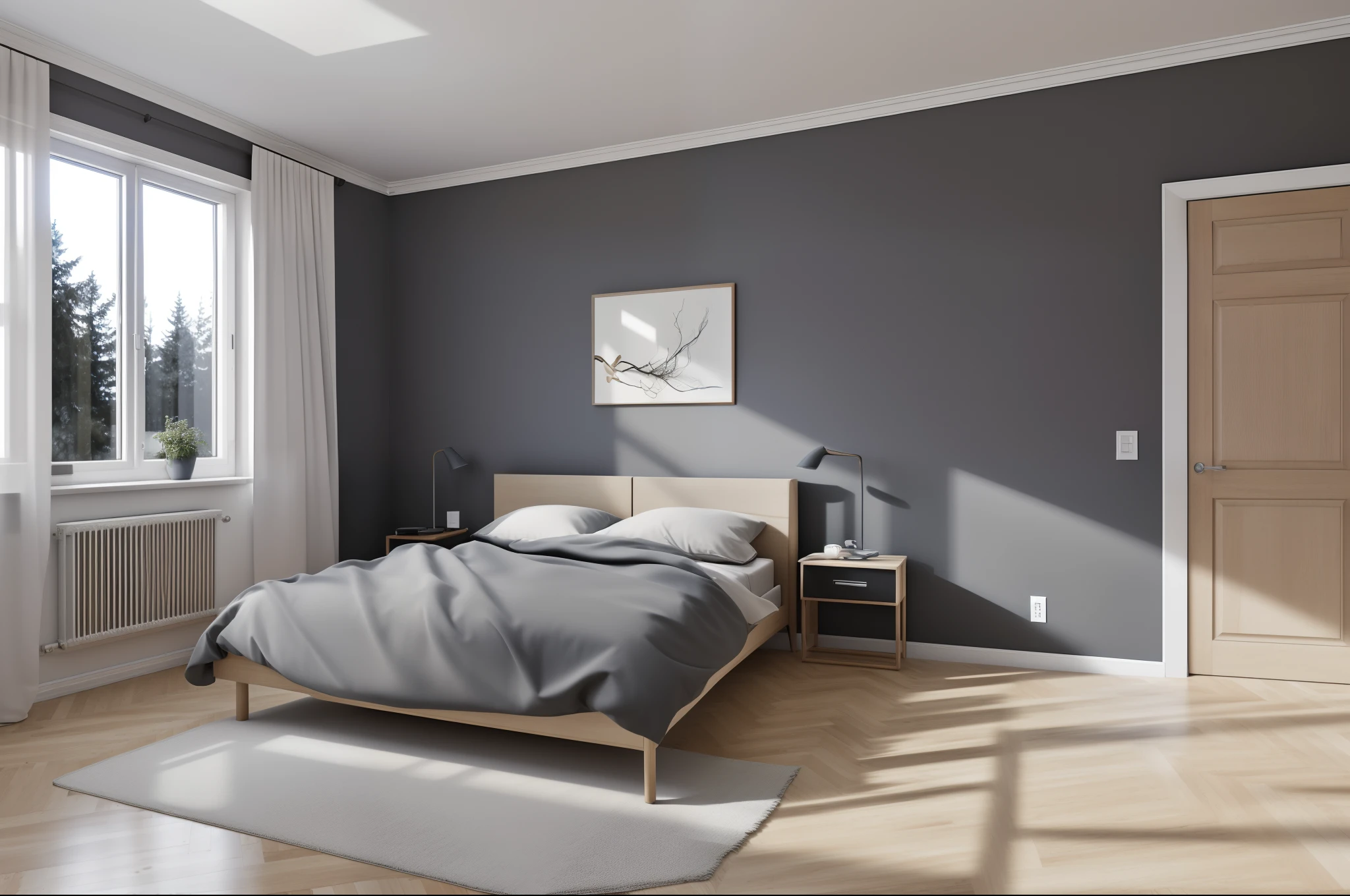 Real photos, bedroom, impressive design, interior design in modern Nordic style, darkness, volumetric light, shadows, high-end photography, fidelity, bright, sharp details, unique, award winning photography, Canon-EOS-5D-Mark- IV-DSLR camera, f/6, ISO-100, 1/-250-sec, uhd, 8k, natural soft light-Of course , best quality, Super High Resolution