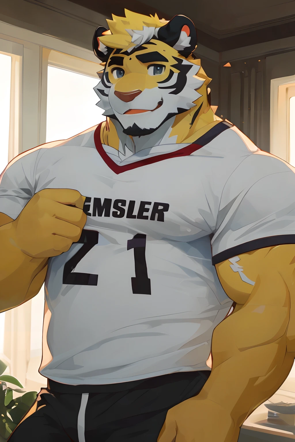 Masterpiece,Best quality,Detailed background,hi,It's nothing,nj5furry,window,Sunlight,One plant name is forget-me-not, Solo,solofocus,Male,Male focus,anthro,Tiger or dog,(sport:1.5), (Yellow-fur,,Black eyebrows:1.5),view the viewer, Elaborate Eyes,Detailed eyes,Onyx eyes,Puppeteer,5 fingers, (tee shirt),Smile with flowers in hand,Waiting for someone to bring him down,yaoi,Strong body,Majesty,He took the initiative to lift his shirt to reveal his eight hairy abs and two large thick pecs
