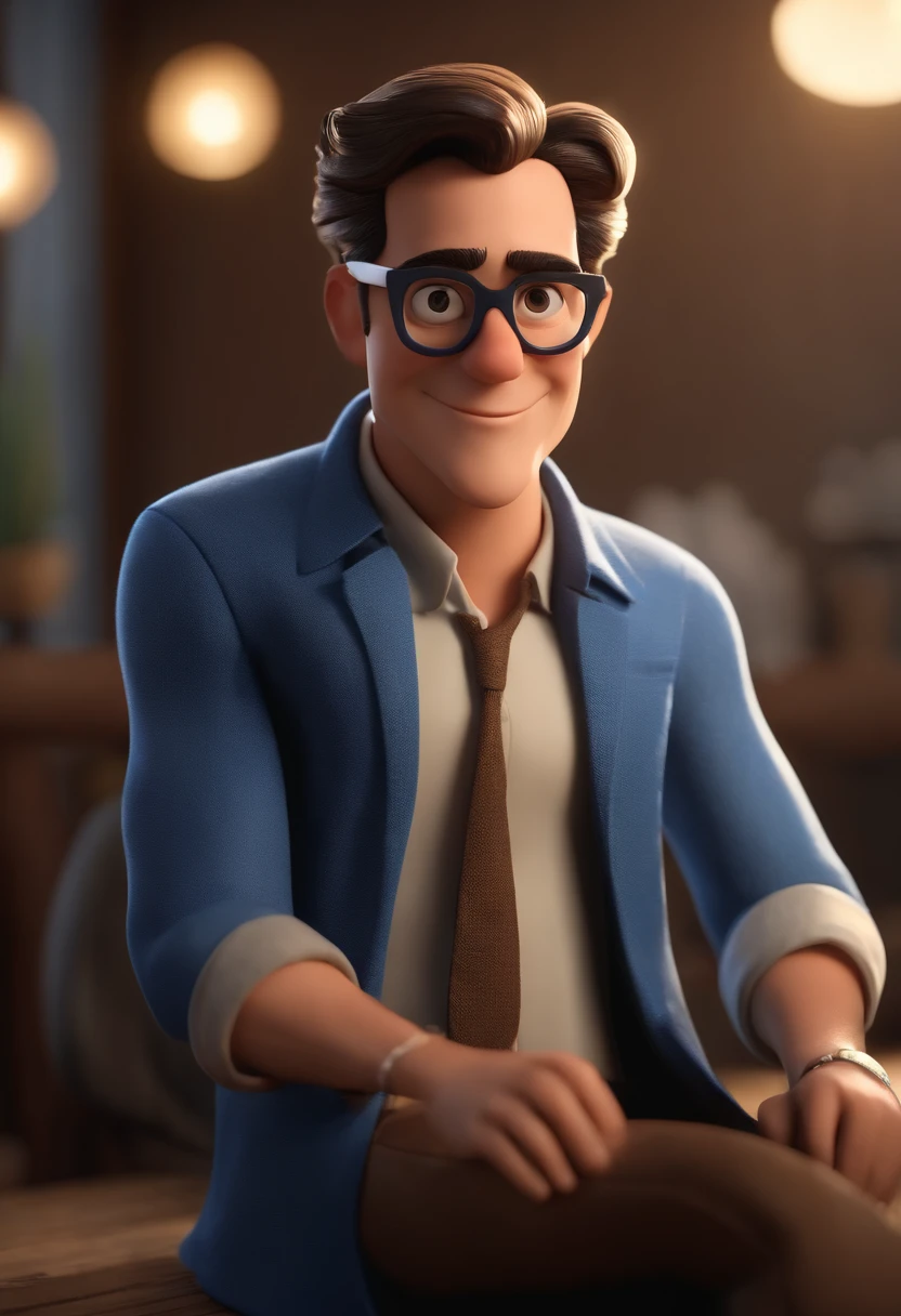 Cartoon character of a man wearing black glasses and a blue shirt, um personagem animado, Caractere estilizado, animation style rendering, 3D estilizado, Arnold Maya render, 3 d render stylized, toon render keyshot, Personagem 3D, Personagem 3D, 3d rendering stylized, 3 d character render, personagem de desenho animado, Personagem de close up, Pose de personagem, (Estilo Pixar) (master part:1.2) (Bokeh) (best quality) (pele detalhada) (textura detalhada) (8k) (argila) (Cinematic lighting) (foco nítido,Senta e vaza a parte superior do corpo, cabelo cor preta e olhos castanho