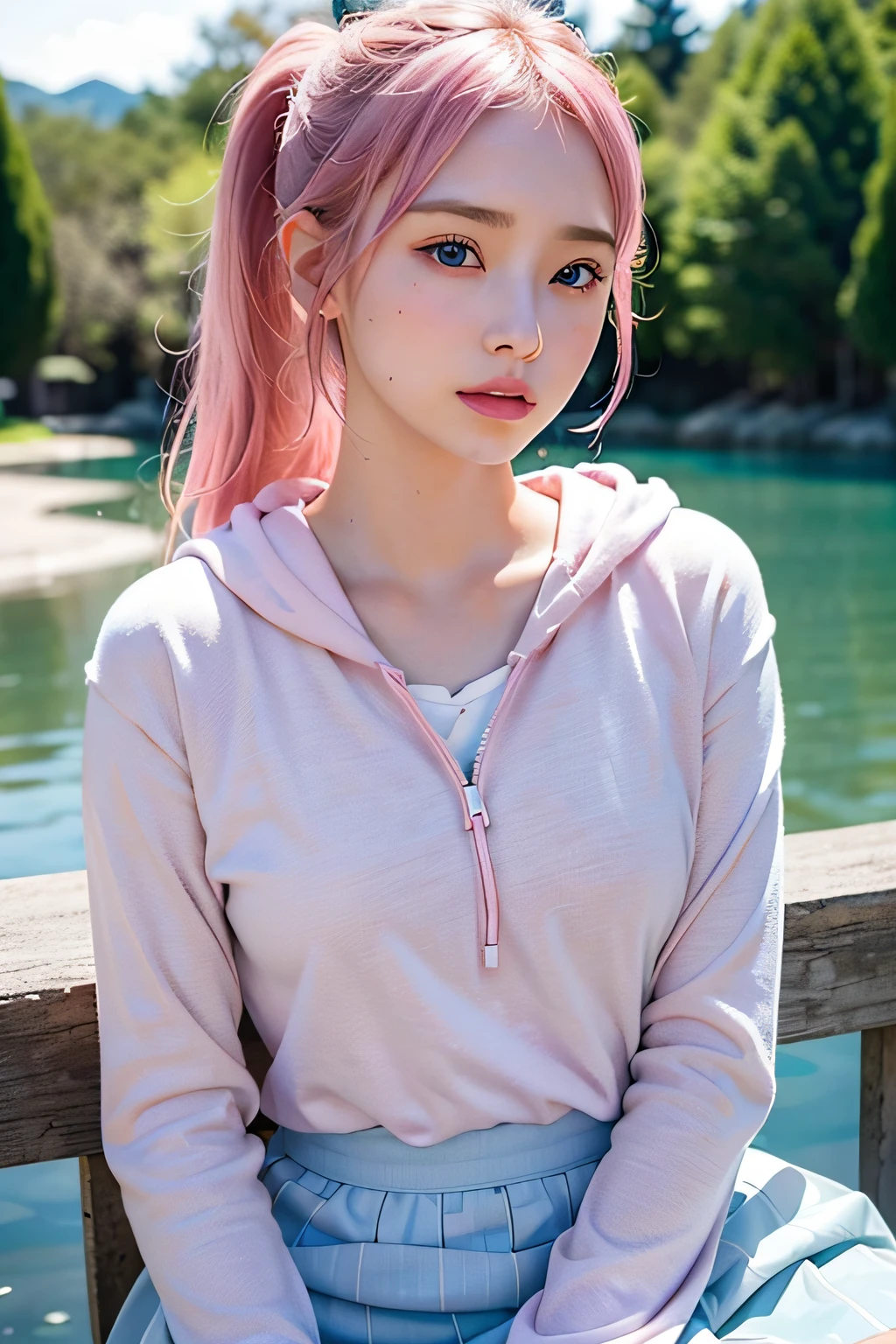 (8k, RAW photo, best quality, masterpiece), (realistic, photo-realistic:1.2), ultra-detailed, 1 girl,cute, solo,beautiful,nose blushing,soft mouth,beautiful detailed Blue eyes, wearing Hoodie jacket, shirt, skirt, average body, floating pink hair, pink hair, GIRL,FEMININE, blue eyes, ultra-fine details, intricate scene, ambient lighting, soft glow, elegant,symmetrical facial features, accurate anatomy, anatomically correct girl, scenic, gossamer, ethereal,ponytail,gentle,mild,wise, sitting, upskirt showing panties, panties visible