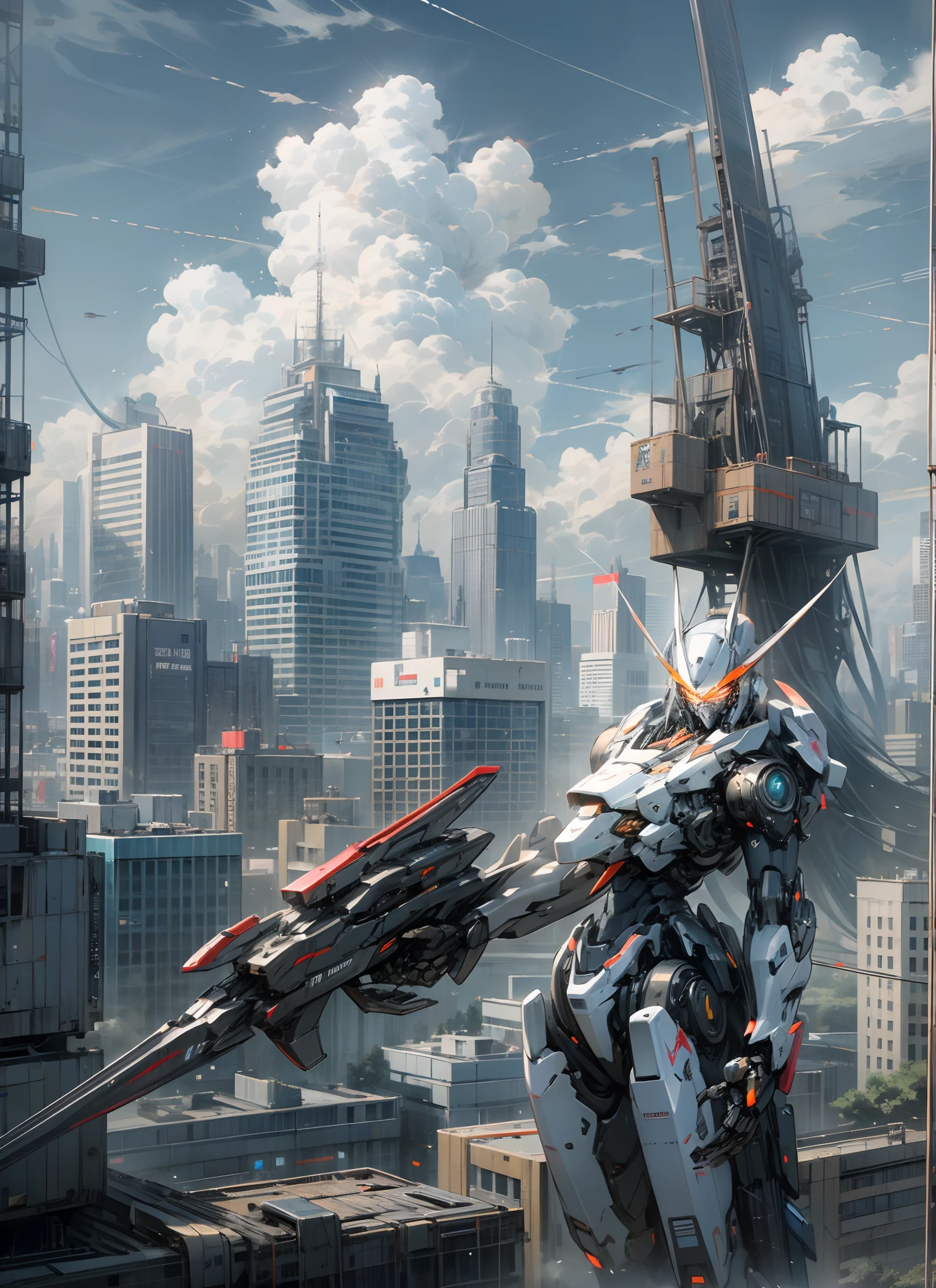sky, cloud, holding_weapon, no_humans, glowing, , robot, building, glowing_eyes, mecha, science_fiction, city, realistic,mecha --auto --s2