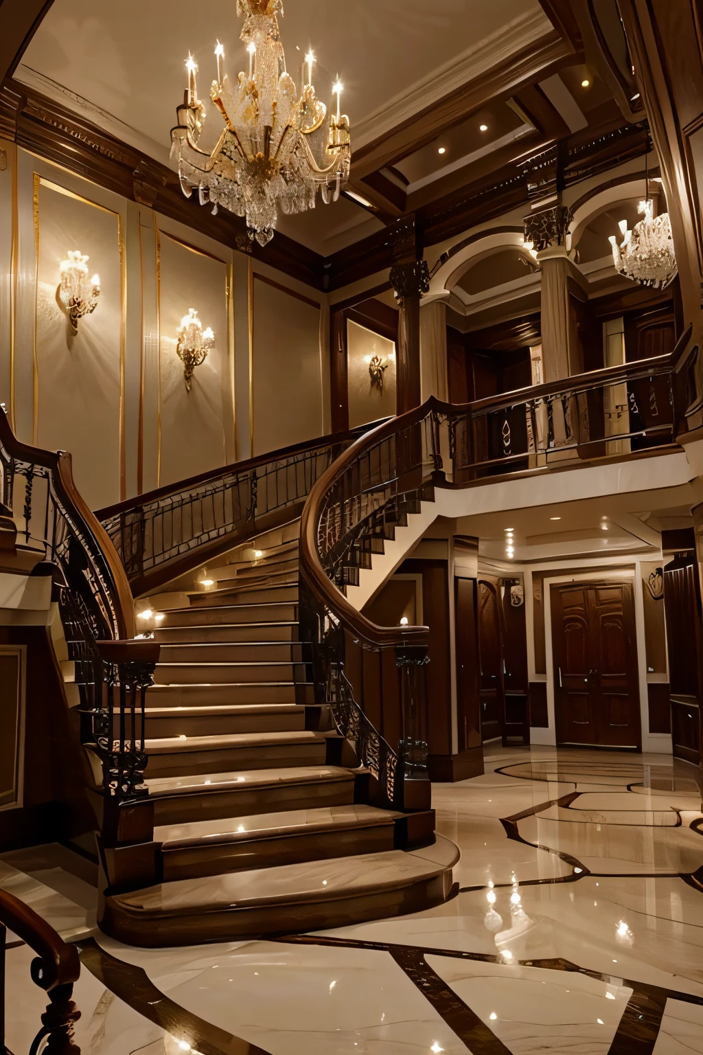 Rich Lifestyle in a Mansion: Illustrate a lavish mansion from the mid-20th century, featuring a grand staircase, chandeliers, and opulent furnishings.