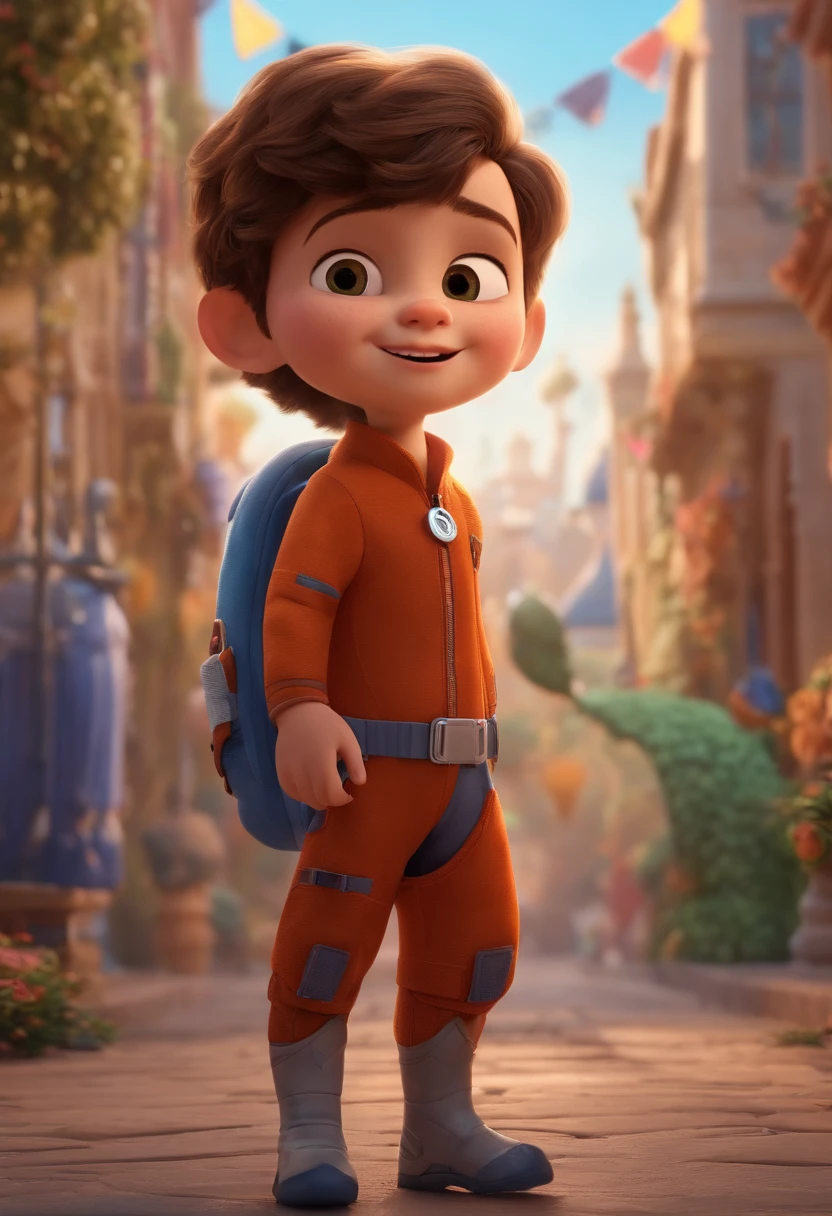 a happy cute standing short hair, vestindo uma fantasia espacial, , fundo branco, barnet, Tom, Estilo Pixar, ....3d, desenhos animados, rosto detalhado, asymmetrical 16k