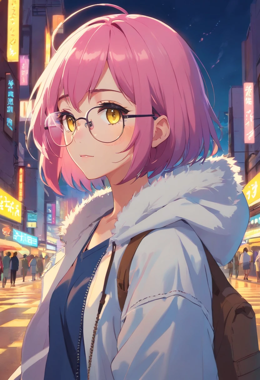 1 female、Pink hair、yellow  eyes、Side tail、Dark-skinned Egyptians、kawaii、eye glass、Long Bob、Hats、parka