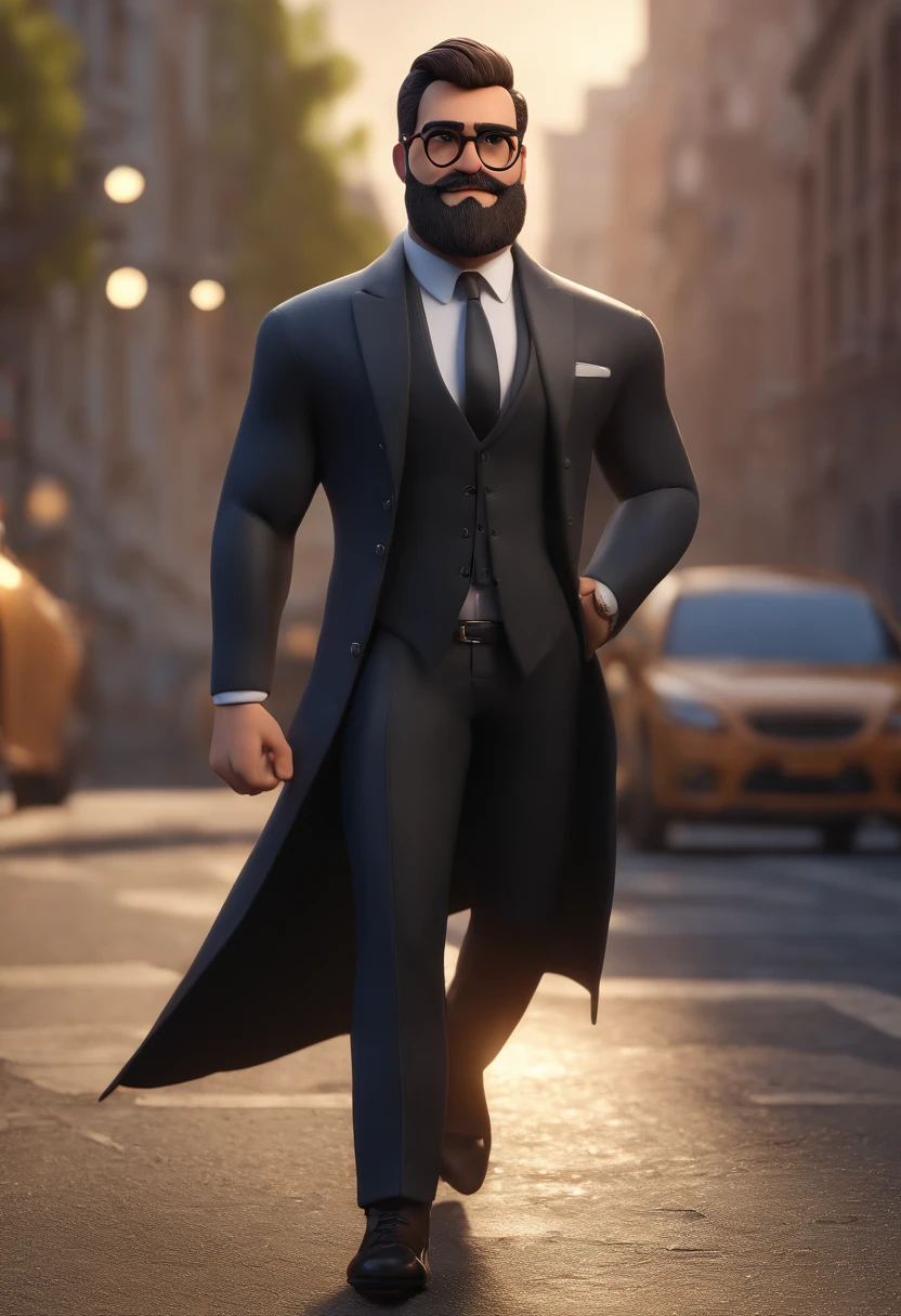 Cartoon character of a man with black glasses and a very stylish black suit with beard and with a defined body, animation character, Caractere estilizado, animation style rendering, 3D estilizado, Arnold Maya render, 3 d render stylized, toon render keyshot, Personagem 3D, Personagem 3D, 3d rendering stylized, 3 d character render, personagem de desenho animado, Personagem de close up, Pose de personagem, (Estilo Pixar) (master part:1.2) (Bokeh) (best quality) (pele detalhada) (textura detalhada) (8k) (argila) (Cinematic lighting) (foco nítido