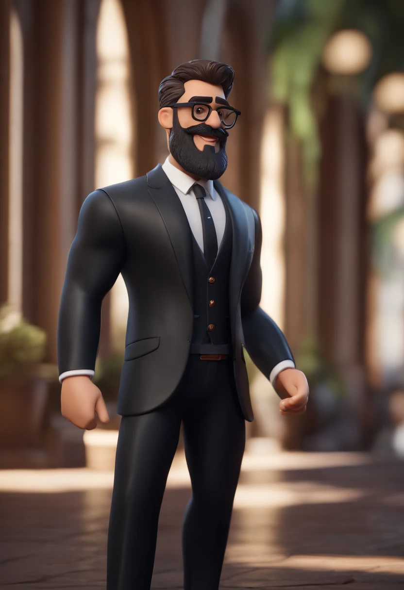 Cartoon character of a man with black glasses and a very stylish black suit with beard and with a defined body, animation character, Caractere estilizado, animation style rendering, 3D estilizado, Arnold Maya render, 3 d render stylized, toon render keyshot, Personagem 3D, Personagem 3D, 3d rendering stylized, 3 d character render, personagem de desenho animado, Personagem de close up, Pose de personagem, (Estilo Pixar) (master part:1.2) (Bokeh) (best quality) (pele detalhada) (textura detalhada) (8k) (argila) (Cinematic lighting) (foco nítido