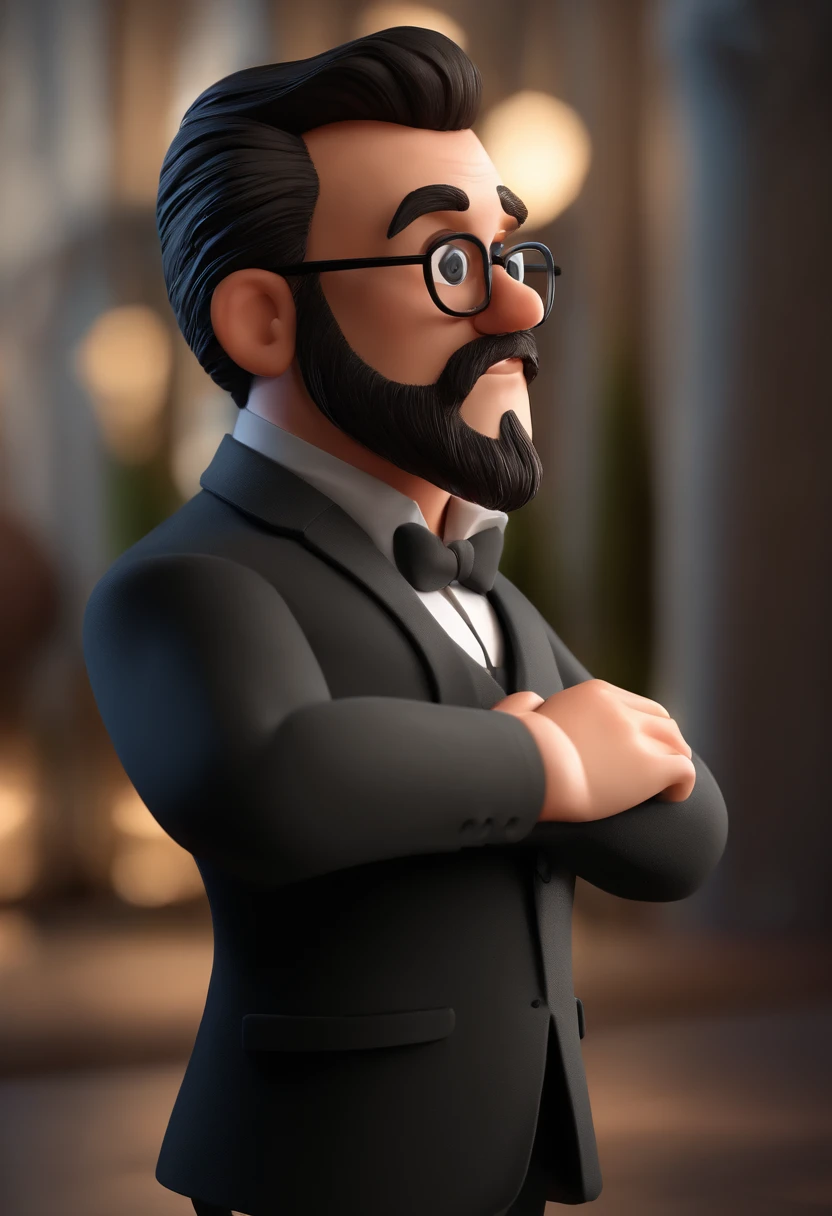 Cartoon character of a man with black glasses and a very stylish black suit with beard and with a defined body, animation character, Caractere estilizado, animation style rendering, 3D estilizado, Arnold Maya render, 3 d render stylized, toon render keyshot, Personagem 3D, Personagem 3D, 3d rendering stylized, 3 d character render, personagem de desenho animado, Personagem de close up, Pose de personagem, (Estilo Pixar) (master part:1.2) (Bokeh) (best quality) (pele detalhada) (textura detalhada) (8k) (argila) (Cinematic lighting) (foco nítido