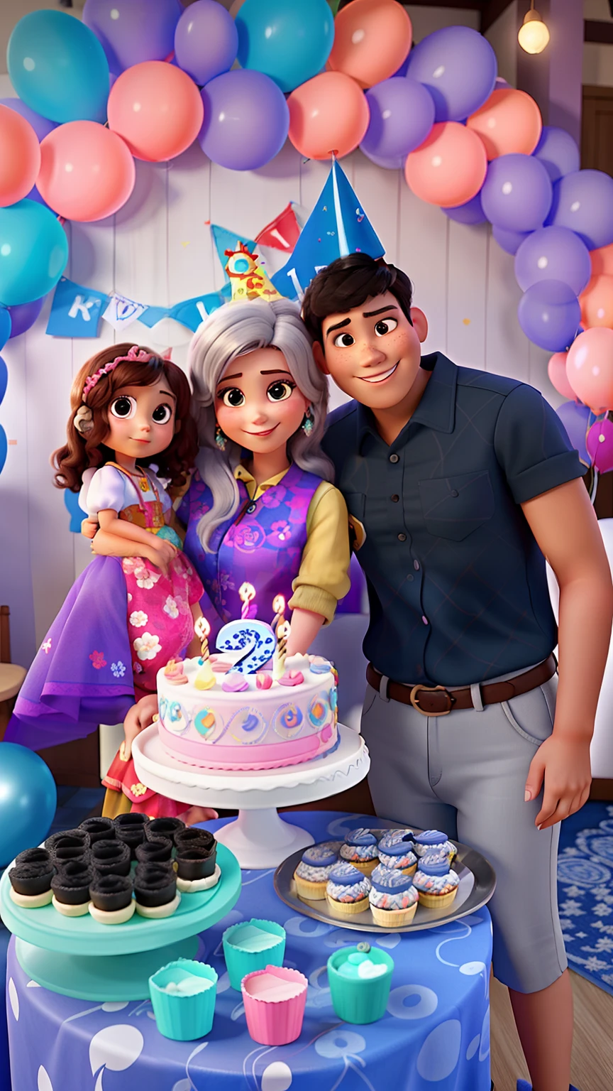 Pai, Mother and daughter at birthday party, estilo Pixar. Alta qualidade melhor qualidade