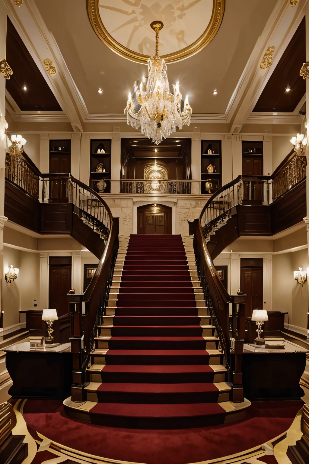 Rich Lifestyle in a Mansion: Illustrate a lavish mansion from the mid-20th century, featuring a grand staircase, chandeliers, and opulent furnishings.