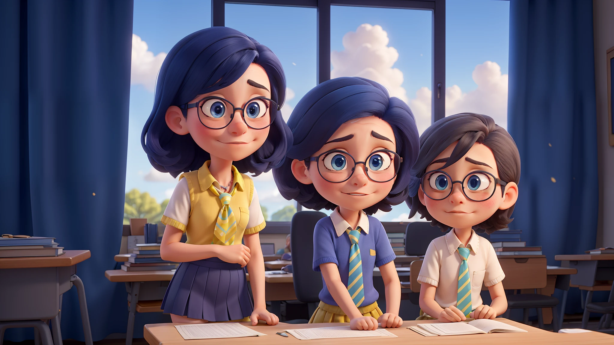 masterpiece, best quality, 1girls, beautiful, blush, ultra detailed, illustration,  dark blue hair, blue eyes,  round glasses,  dark blue sweater vest, yellow necktie, dress shirt, pleated skirt, short sleeves, blush, embarrassed, dramatic shadows, looking at viewer,  cinematic lighting, school, desks, hands on hip, furrowed brow, frown, windows, sky, clouds, curtains, necklace, hair pin, red cape
