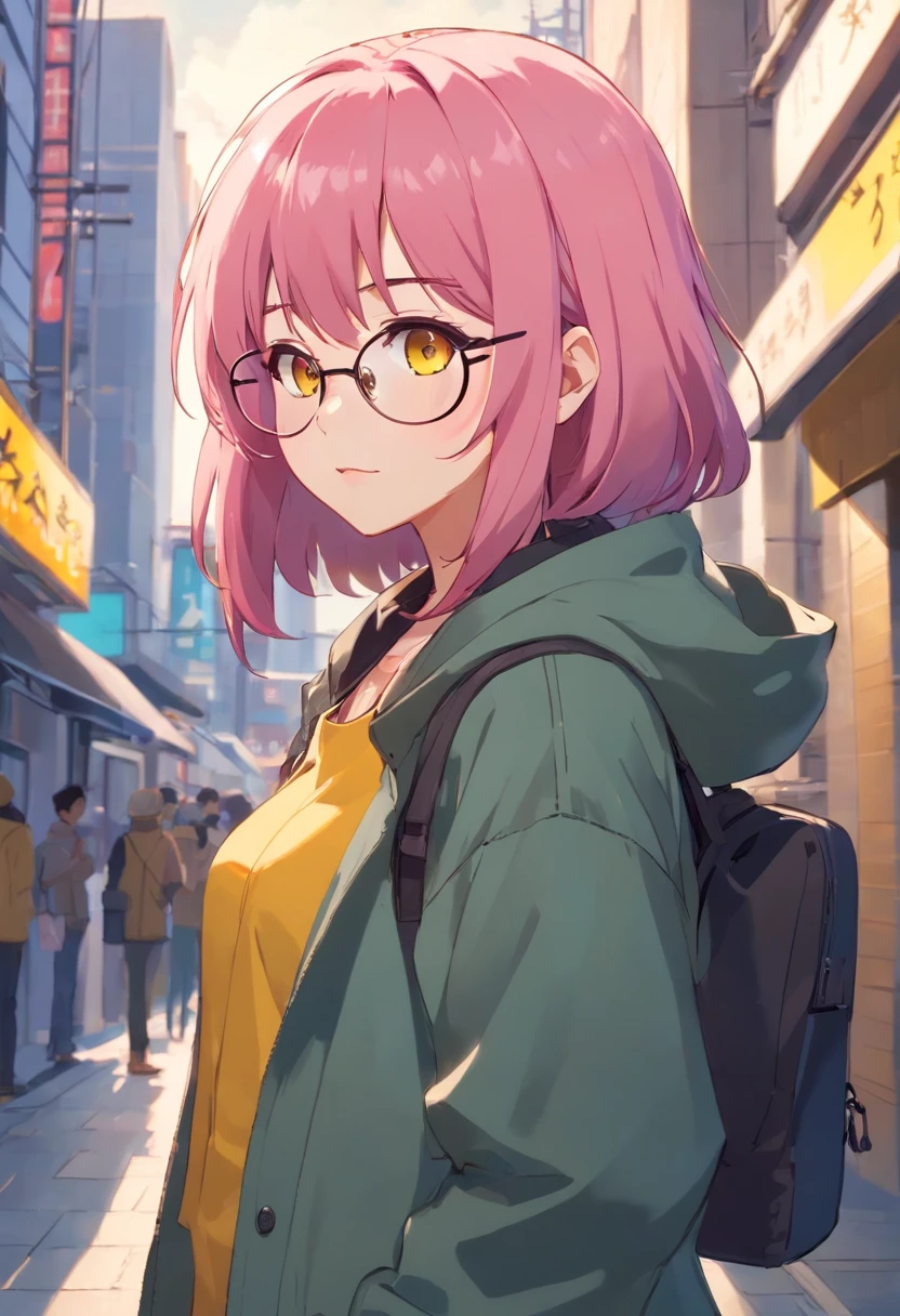 1 female、Pink hair、yellow eyes、Side tail、darkskinned、kawaii、eye glass、Long Bob、Hats、parka、blacks