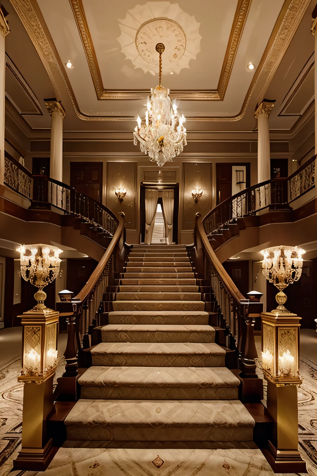 Rich Lifestyle in a Mansion: Illustrate a lavish mansion from the mid-20th century, featuring a grand staircase, chandeliers, and opulent furnishings.