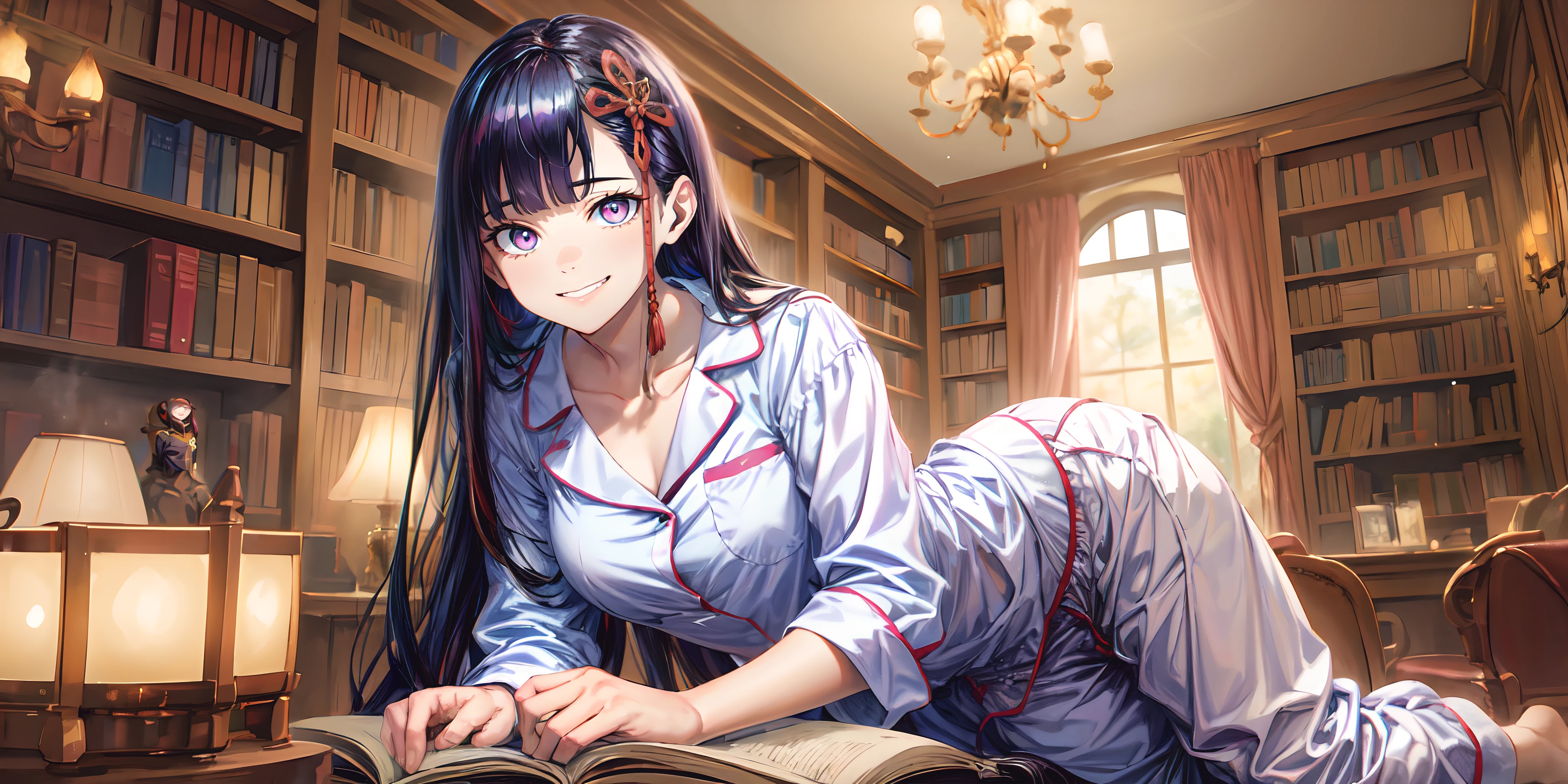 (best quality,4k,8k,highres,masterpiece:1.2),ultra-detailed,(realistic,photorealistic,photo-realistic:1.37),Wearing sexy pajamas,graceful figure,coquettish,detailed eyes and face,longeyelashes,steamy atmosphere,relaxed environment,dimly lit room,study room,comfortable sofa,Walls adorned with bookshelves,big window,soft light,random enchanting movements,sensual atmosphere,facing the camera,charming smile,focused eyes,imaginative,creative aura,books scattered on the floor,first love theme,colorful flowers,intricate patterns on the wallpaper,subtle fragrance in the air,vibrant colors,light pastel tones,soft and warm lighting,literature and romance meeting in one place