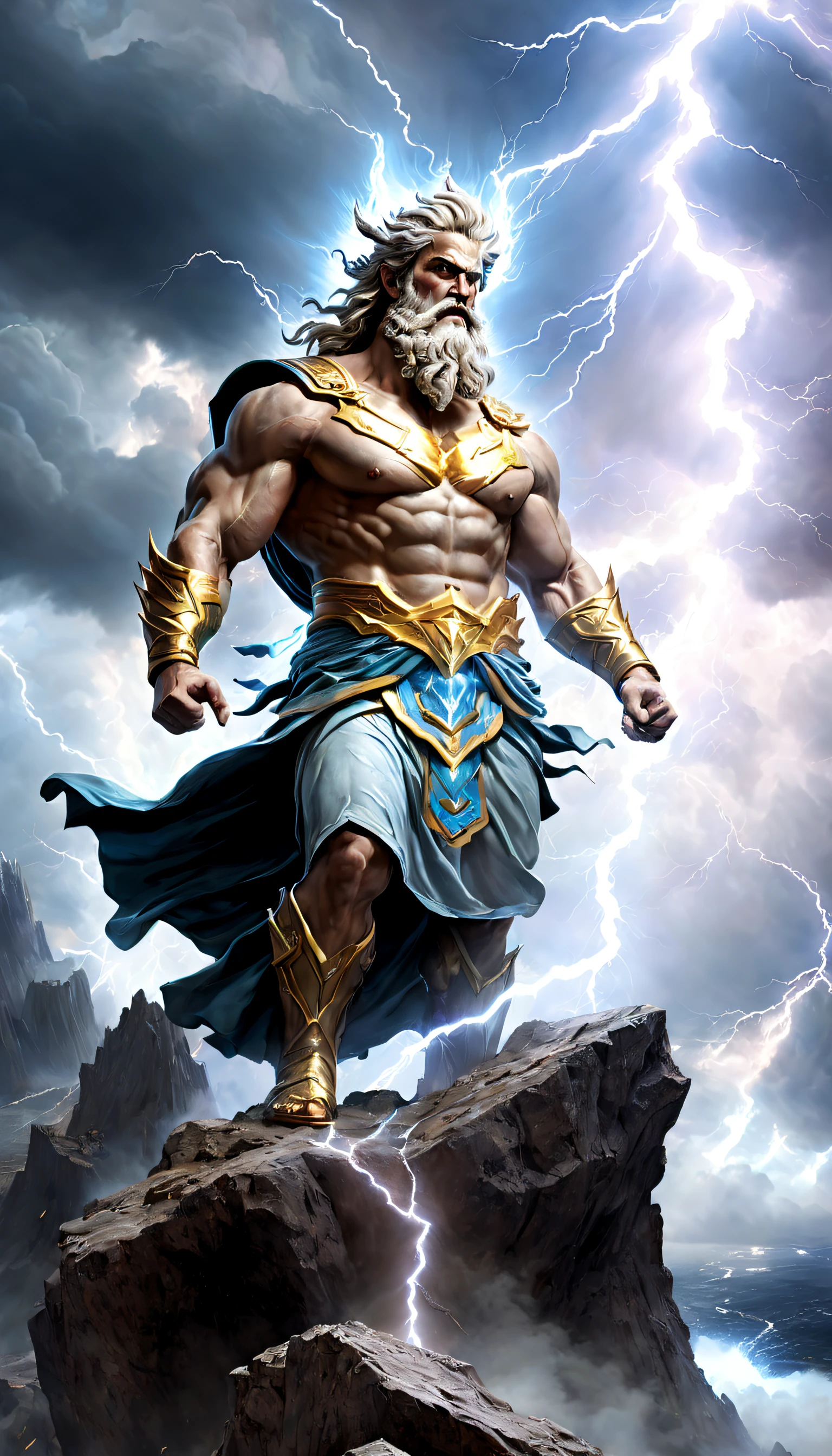 A man stands on a rock，Arafi image of lightning bolt in the background, furious god Zeus, epic scene of Zeus, epic clouds and godlike lighting, greek myth digital painting, the god zeus, inspired by Ryan Barger, a massive celestial giant god, author：Arthur Penn, god of thunder, the greek god, author：Ryan Barger